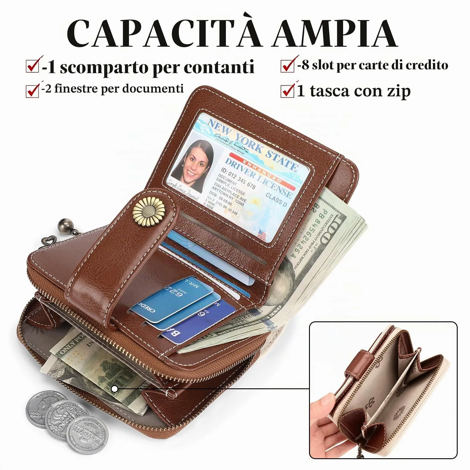 SENDEFN Portafoglio Donna in Pelle Vegana con Blocco RFID, Corto con 8 Scomparti per Carte, 2 Finestre di Identificazione e Tasca con Cerniera - immagine 2