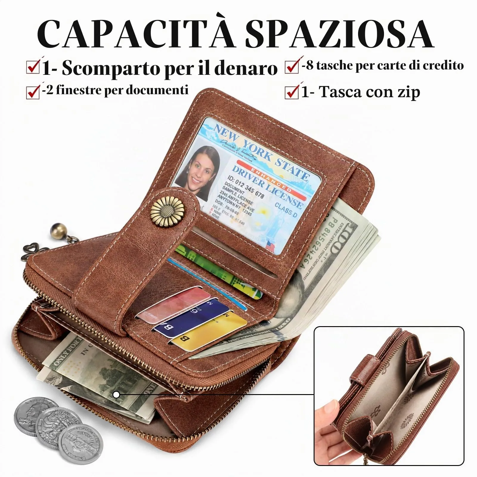 SENDEFN Portafoglio Donna in Pelle Vegana con Blocco RFID, 8 Scomparti per Carte, 2 Finestre di Identificazione e Tasca con Cerniera - immagine 4