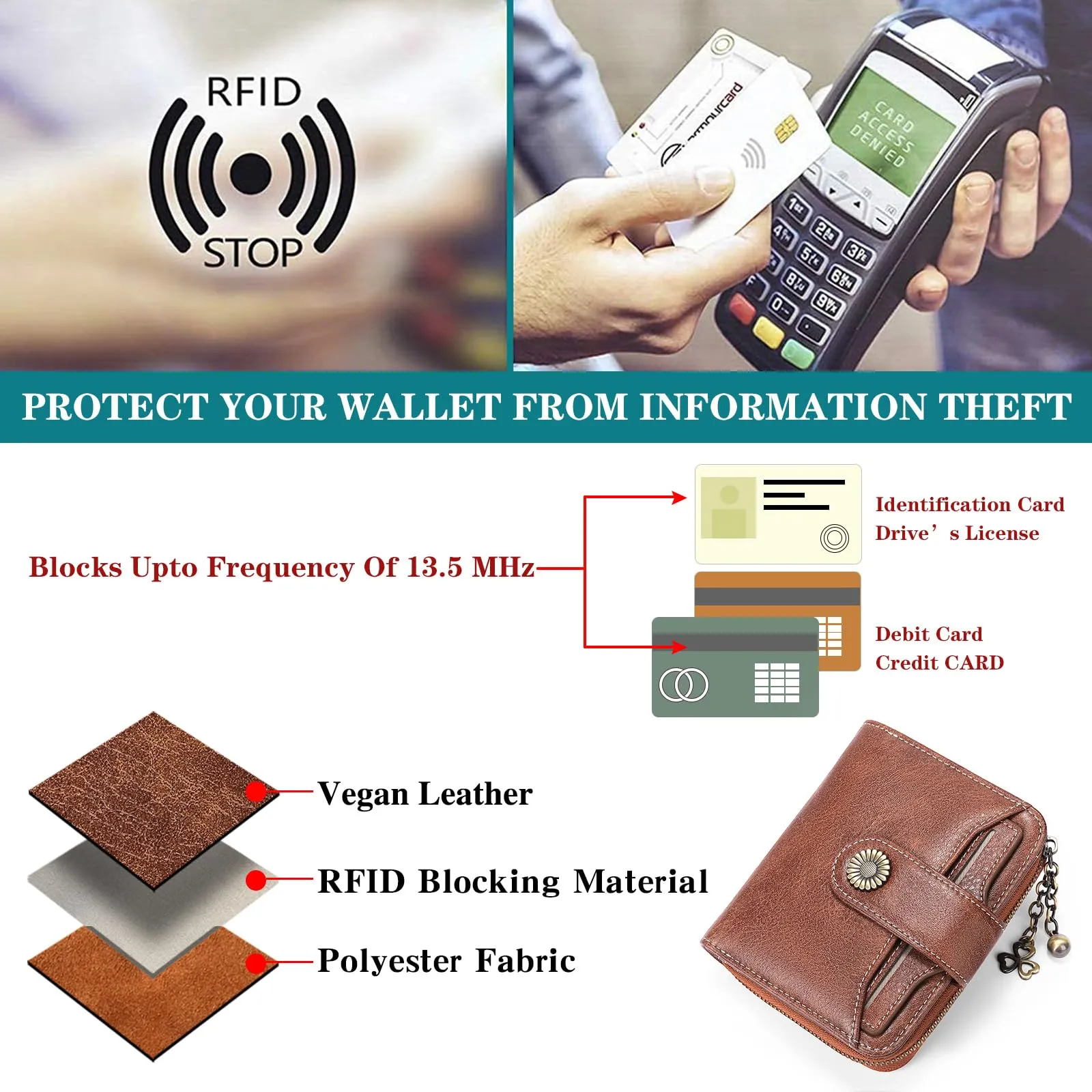 SENDEFN Portafoglio Donna in Pelle Vegana con Blocco RFID, 8 Scomparti per Carte, 2 Finestre di Identificazione e Tasca con Cerniera - immagine 6