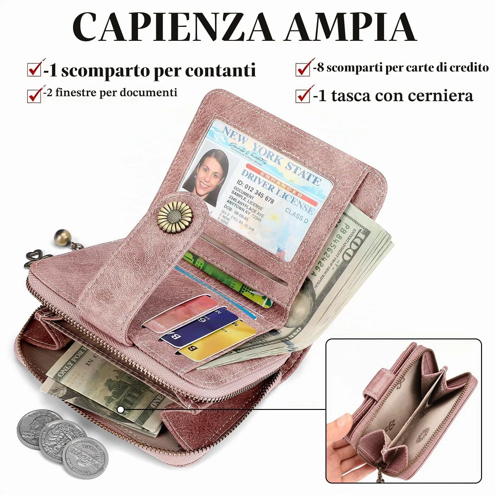 SENDEFN Portafoglio Donna in Pelle Vegana con Blocco RFID, Corto con 8 Scomparti per Carte, 2 Finestre ID e Tasca con Cerniera - immagine 4