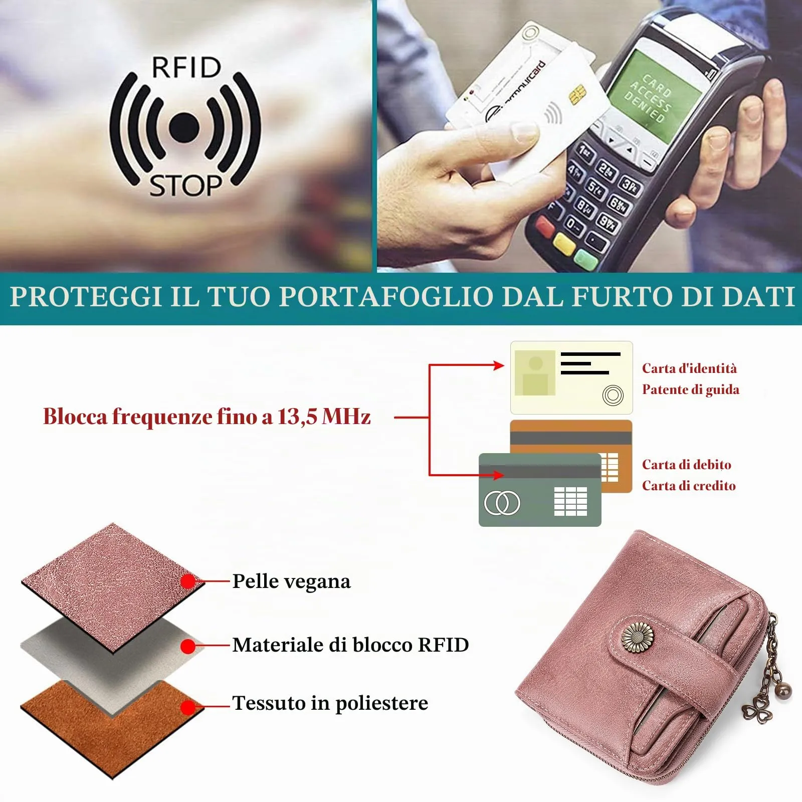 SENDEFN Portafoglio Donna in Pelle Vegana con Blocco RFID, Corto con 8 Scomparti per Carte, 2 Finestre ID e Tasca con Cerniera - immagine 6