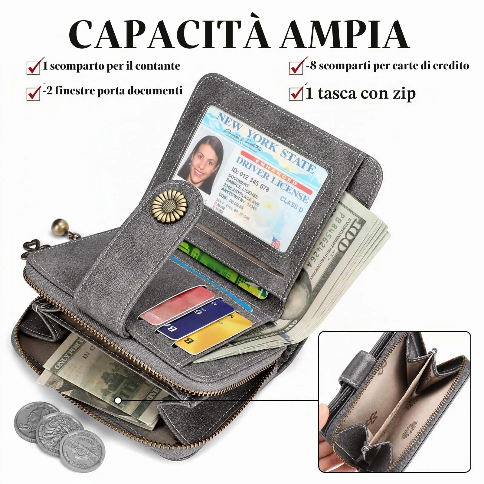 SENDEFN Portafoglio Donna in Pelle Vegana con Blocco RFID, 8 Scomparti per Carte, 2 Finestre di Identificazione e Tasca con Cerniera - immagine 4