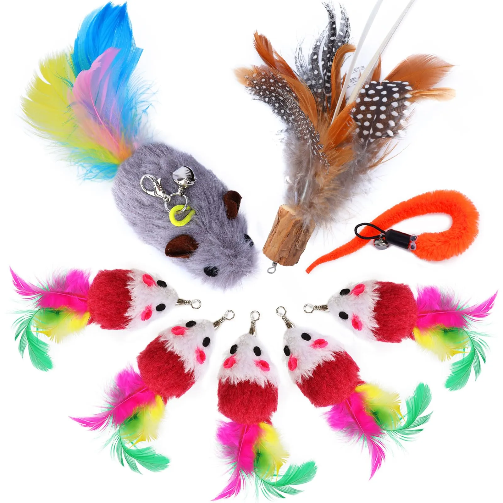 onebarleycorn Giochi con Piume e Topolini per Gatto, Set 8 Pezzi Ricambi per Canna da Gatto - immagine 1