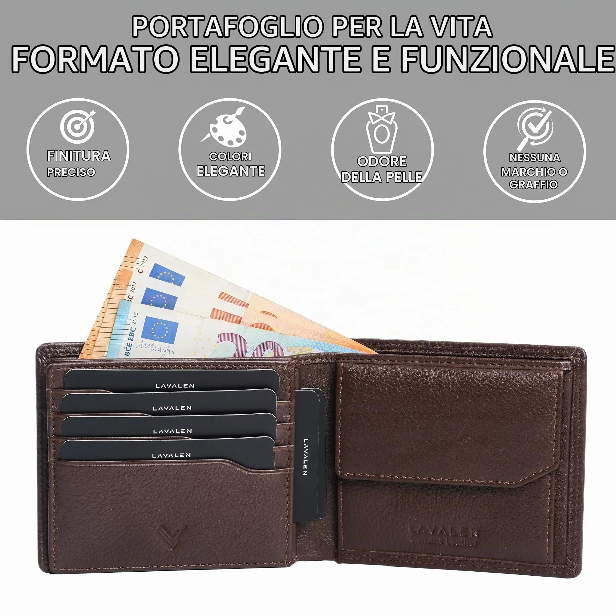 Lavalen Portafoglio Uomo in Pelle Vera RFID con Portamonete - immagine 4
