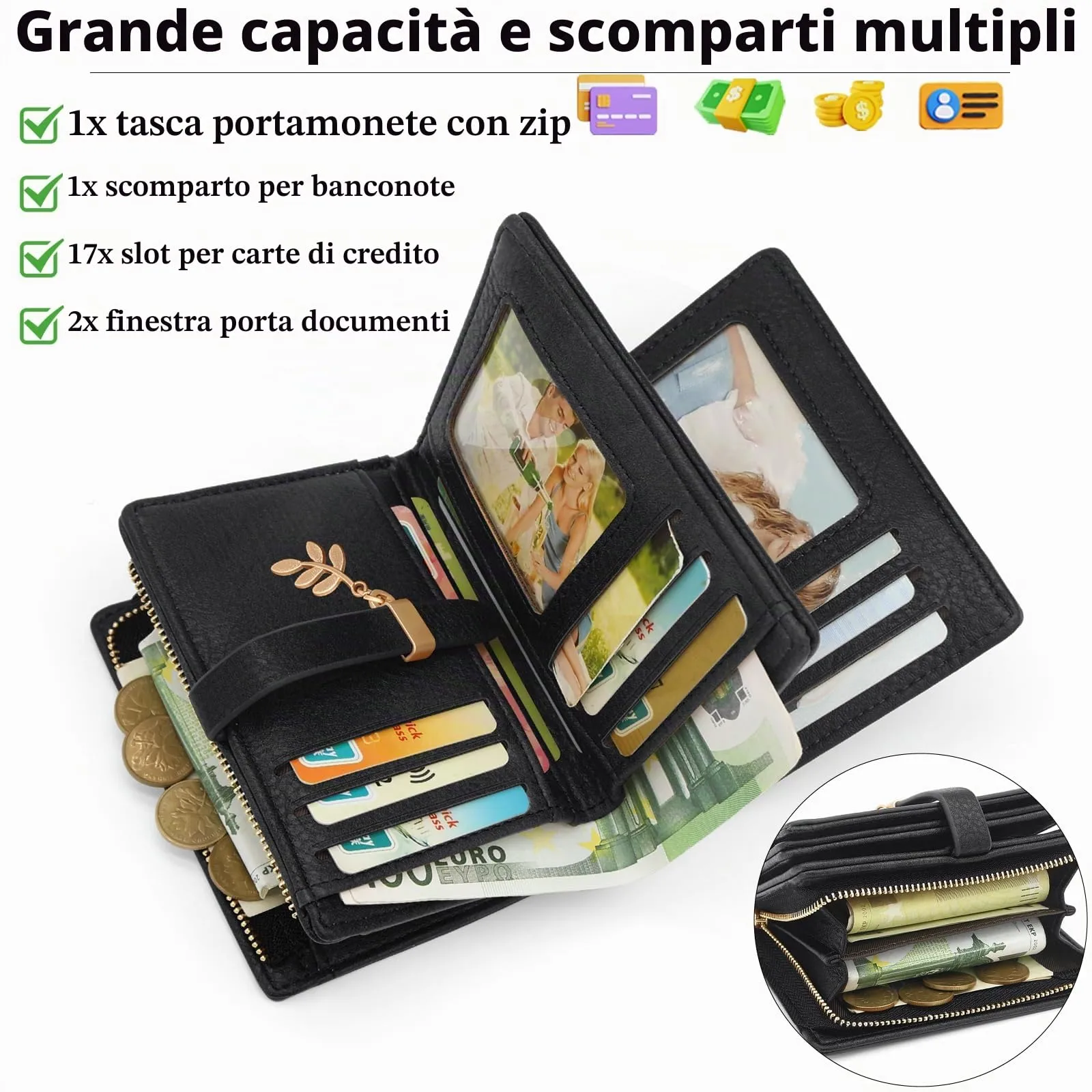 HNOOM Portafoglio Donna Piccolo in Pelle PU, Formato Corto con Protezione RFID, Cerniera Portamonete e 19 Porta Carte - Nero - immagine 2