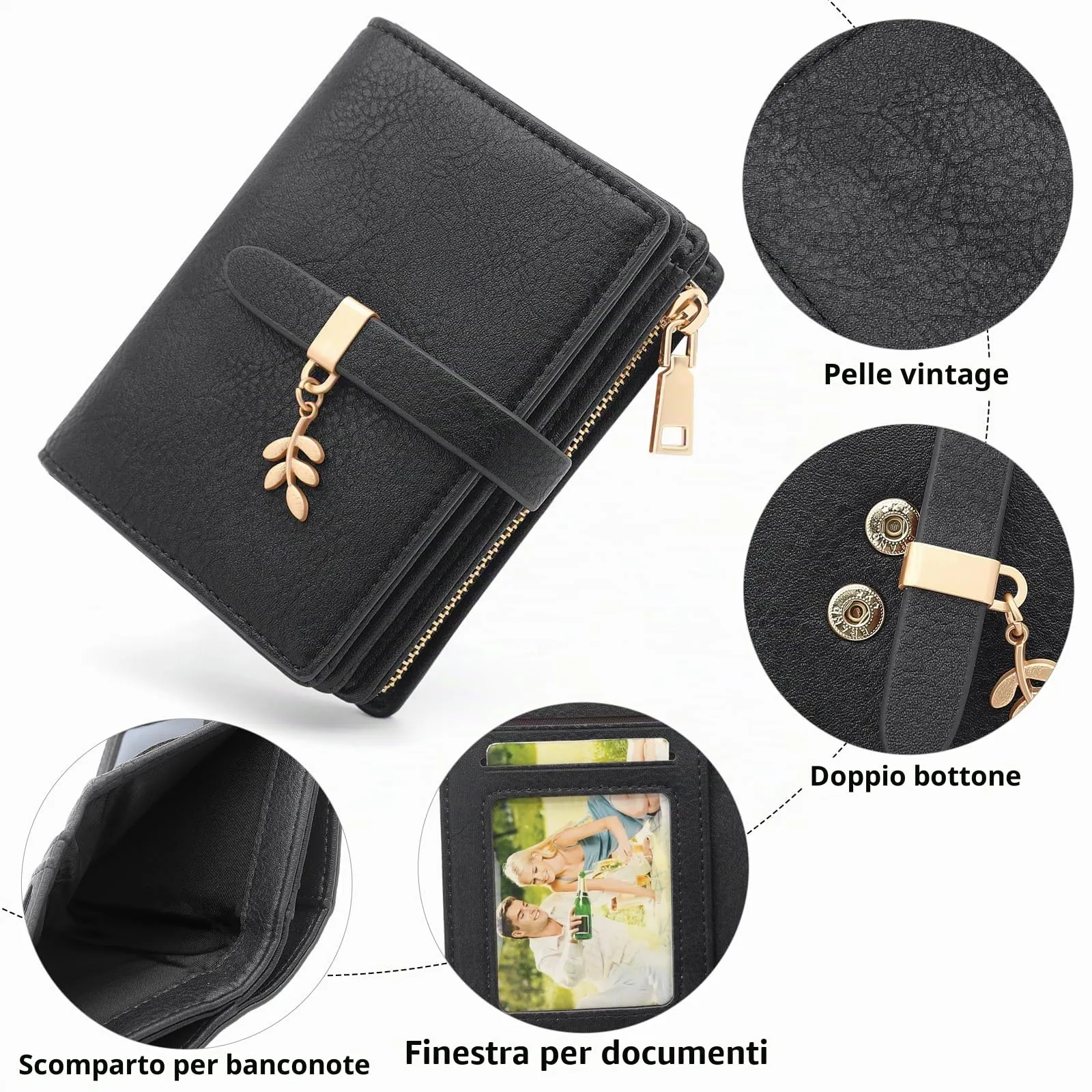 HNOOM Portafoglio Donna Piccolo in Pelle PU, Formato Corto con Protezione RFID, Cerniera Portamonete e 19 Porta Carte - Nero - immagine 4