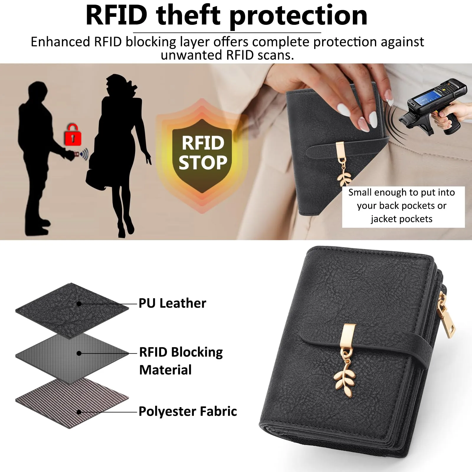 HNOOM Portafoglio Donna Piccolo in Pelle PU, Formato Corto con Protezione RFID, Cerniera Portamonete e 19 Porta Carte - Nero - immagine 5