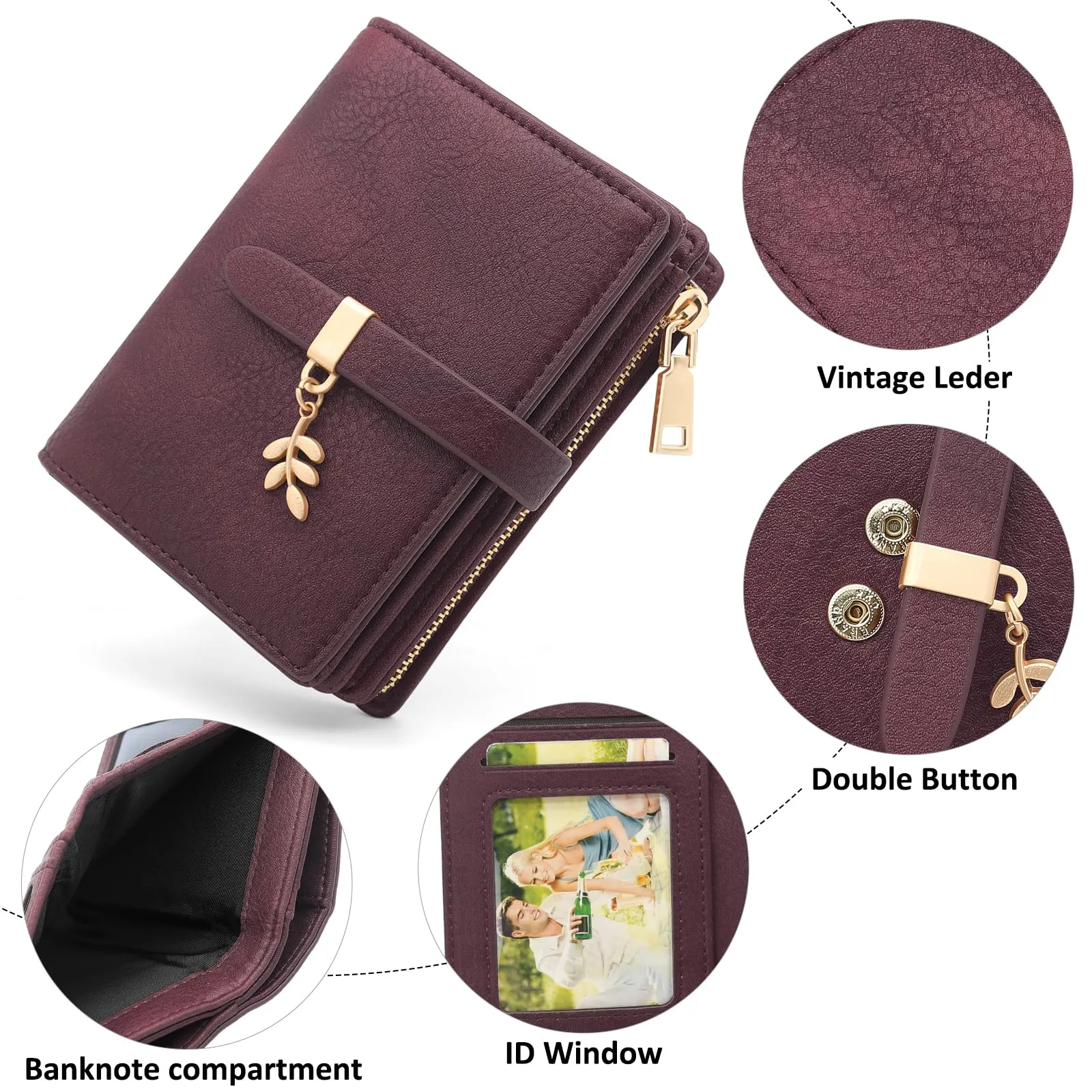 HNOOM Portafoglio Donna Piccolo in Pelle PU Slim con Protezione RFID, Cerniera Portamonete e 19 Slot per Carte (Rosso Vino) - immagine 4