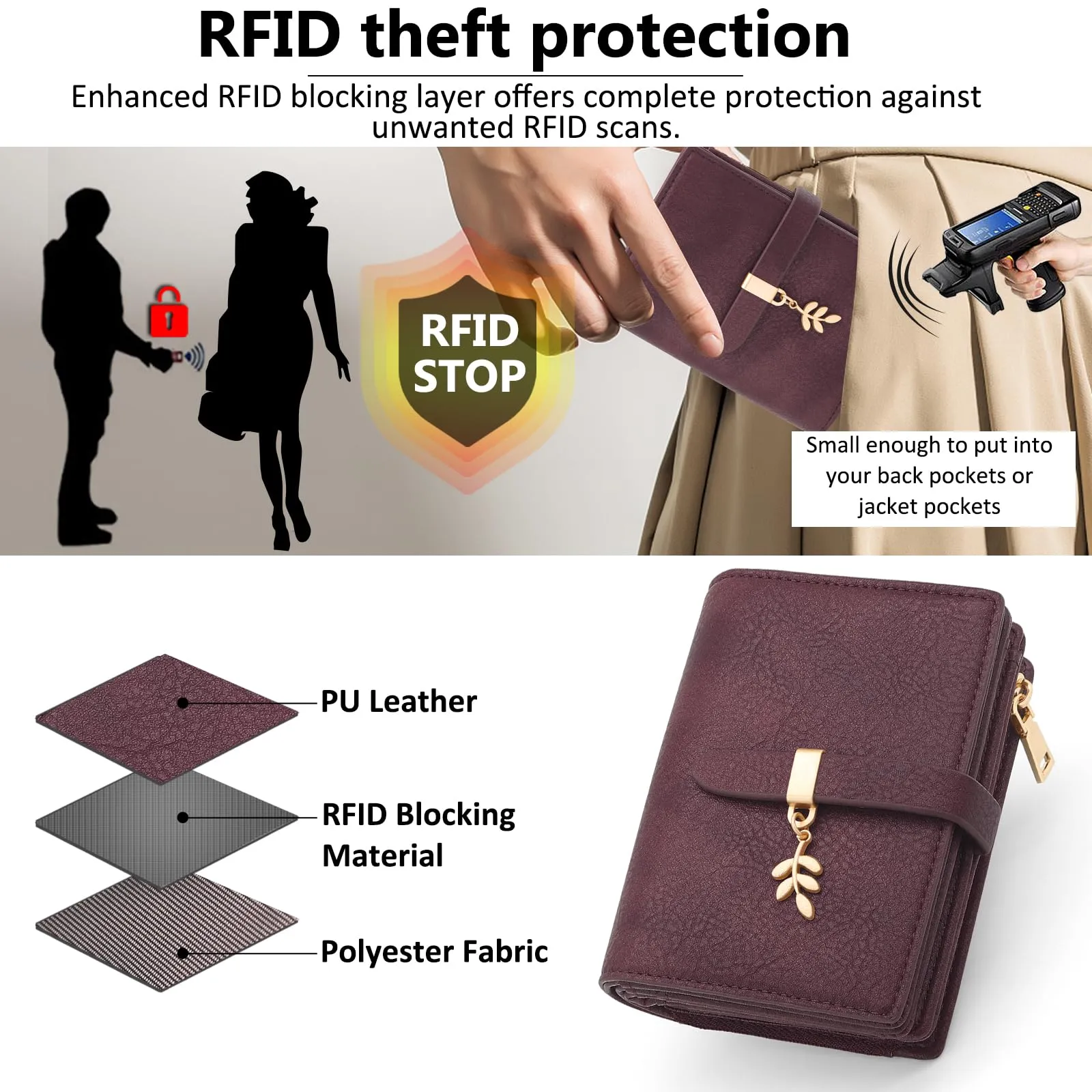 HNOOM Portafoglio Donna Piccolo in Pelle PU Slim con Protezione RFID, Cerniera Portamonete e 19 Slot per Carte (Rosso Vino) - immagine 5