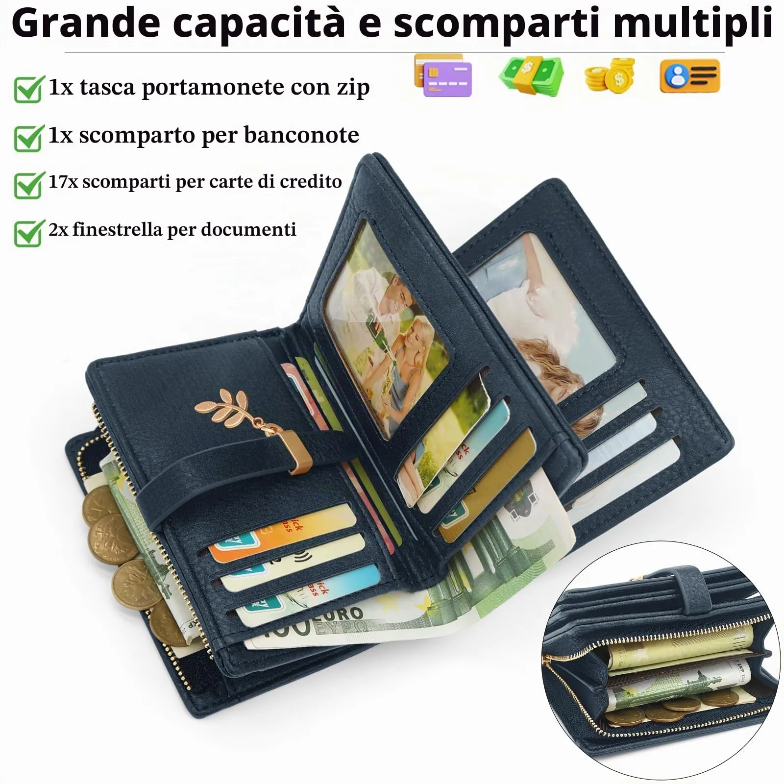 HNOOM Portafoglio Donna Piccolo in Pelle PU, Formato Corto con Protezione RFID, Cerniera Portamonete e 19 Slot per Carte (Blu) - immagine 2