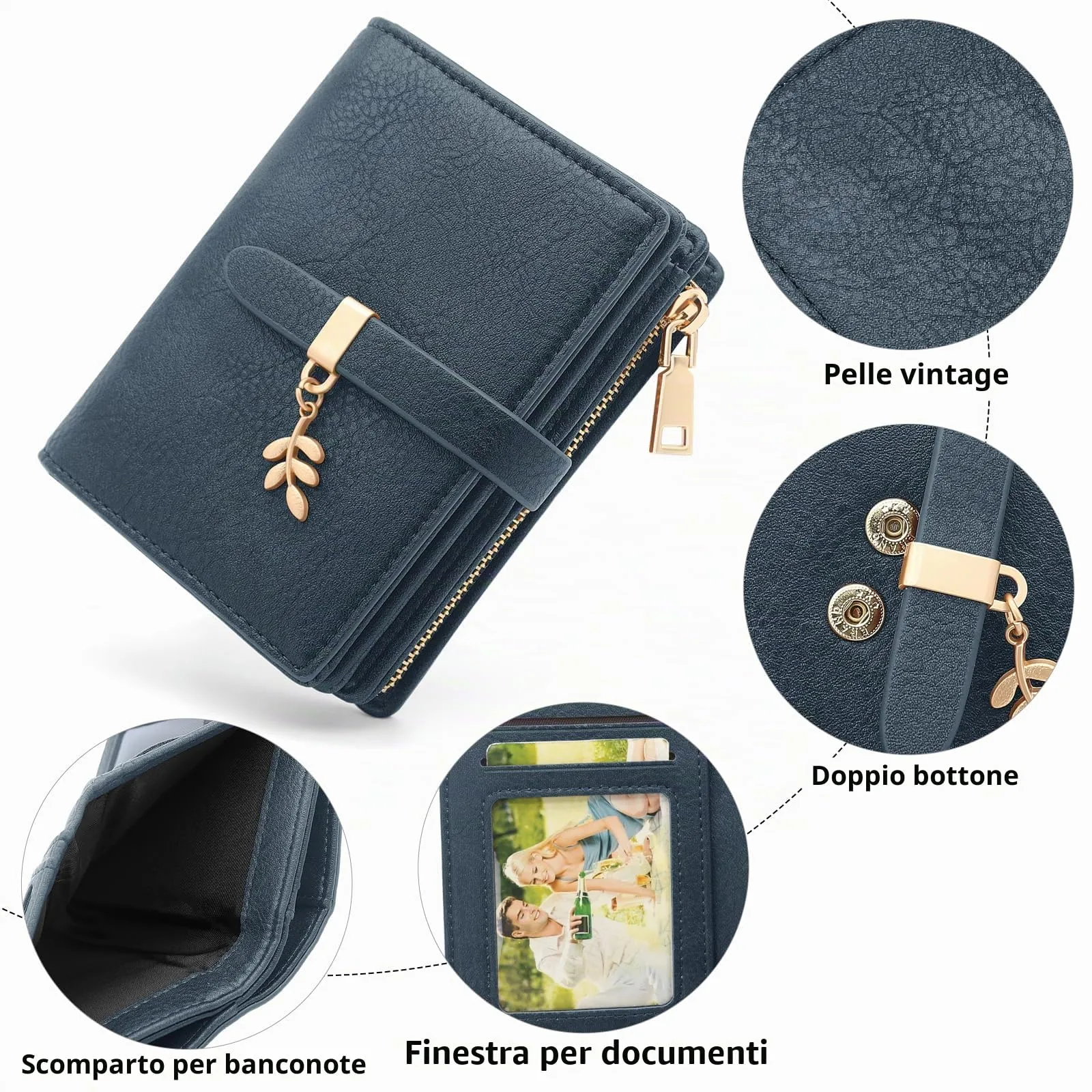 HNOOM Portafoglio Donna Piccolo in Pelle PU, Formato Corto con Protezione RFID, Cerniera Portamonete e 19 Slot per Carte (Blu) - immagine 4