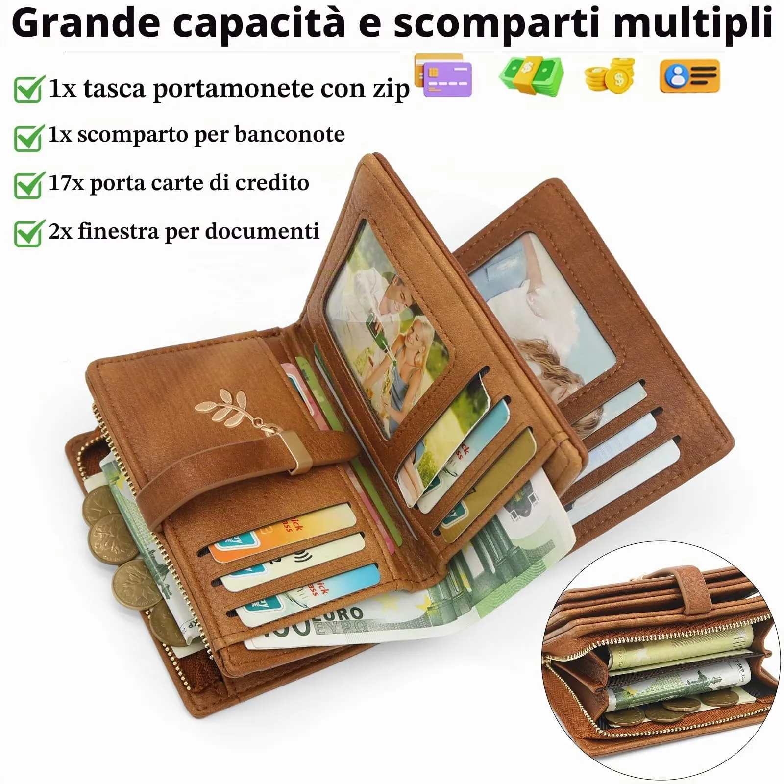 HNOOM Portafoglio Donna in Pelle PU Slim con Protezione RFID, 17 Porta Carte e Portamonete con Cerniera, Marrone - immagine 2
