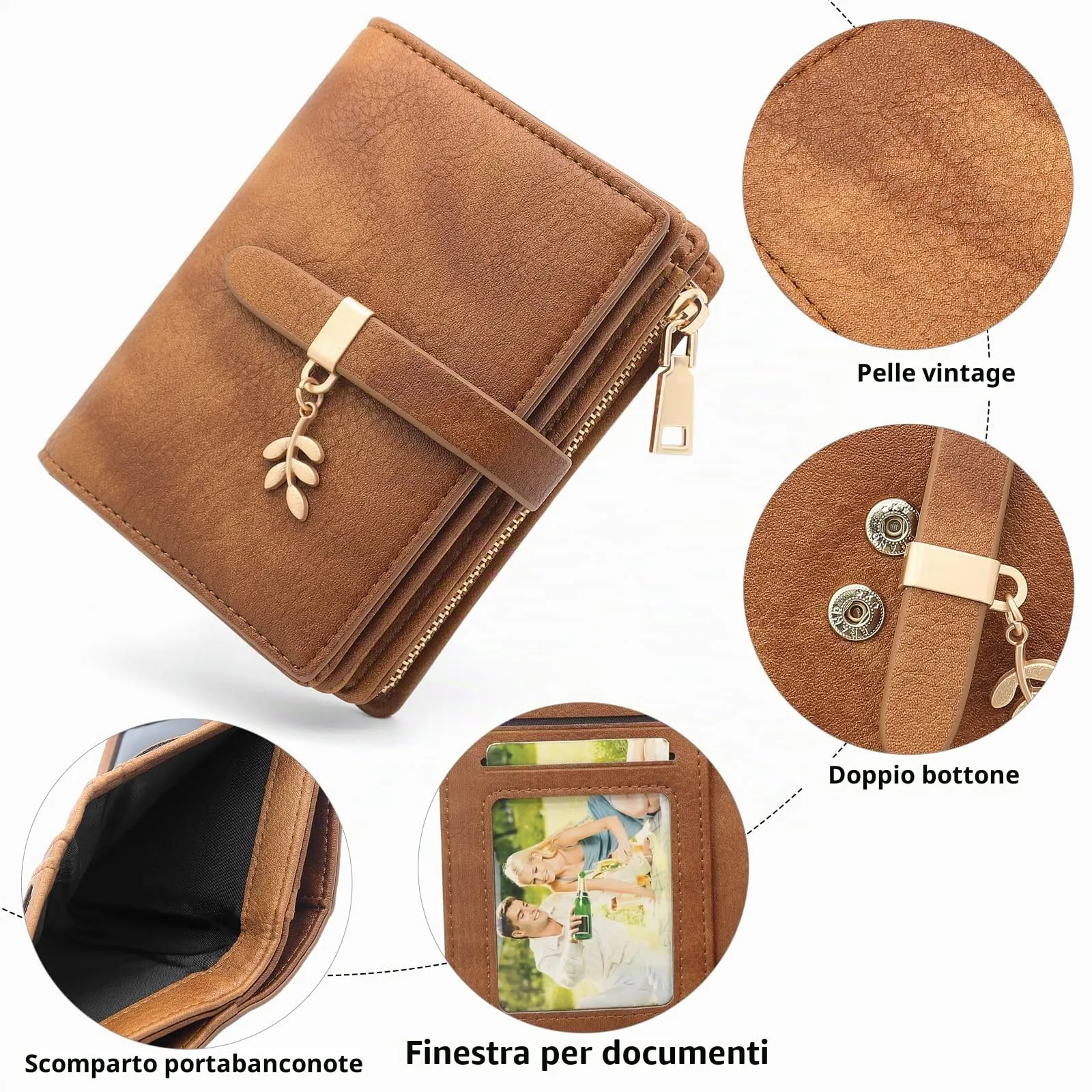 HNOOM Portafoglio Donna in Pelle PU Slim con Protezione RFID, 17 Porta Carte e Portamonete con Cerniera, Marrone - immagine 4