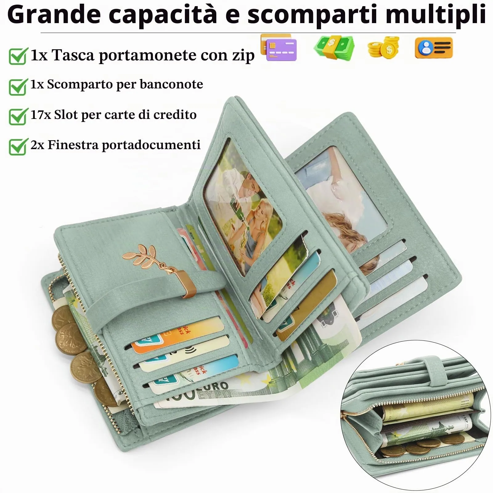 HNOOM Portafoglio Donna Piccolo in Pelle PU, Formato Corto con Protezione RFID, Portamonete con Cerniera e 19 Slot per Carte, Verde - immagine 2