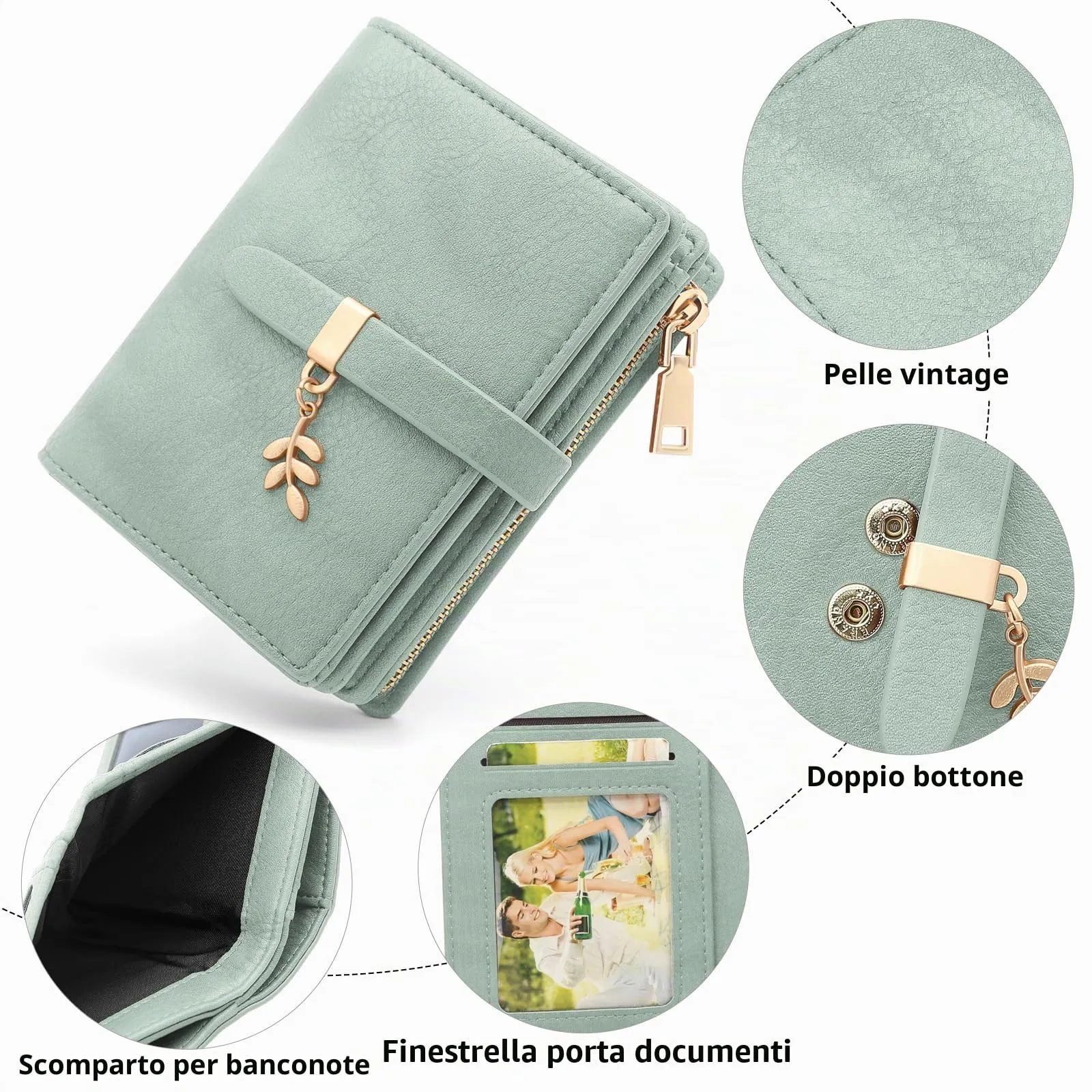 HNOOM Portafoglio Donna Piccolo in Pelle PU, Formato Corto con Protezione RFID, Portamonete con Cerniera e 19 Slot per Carte, Verde - immagine 4