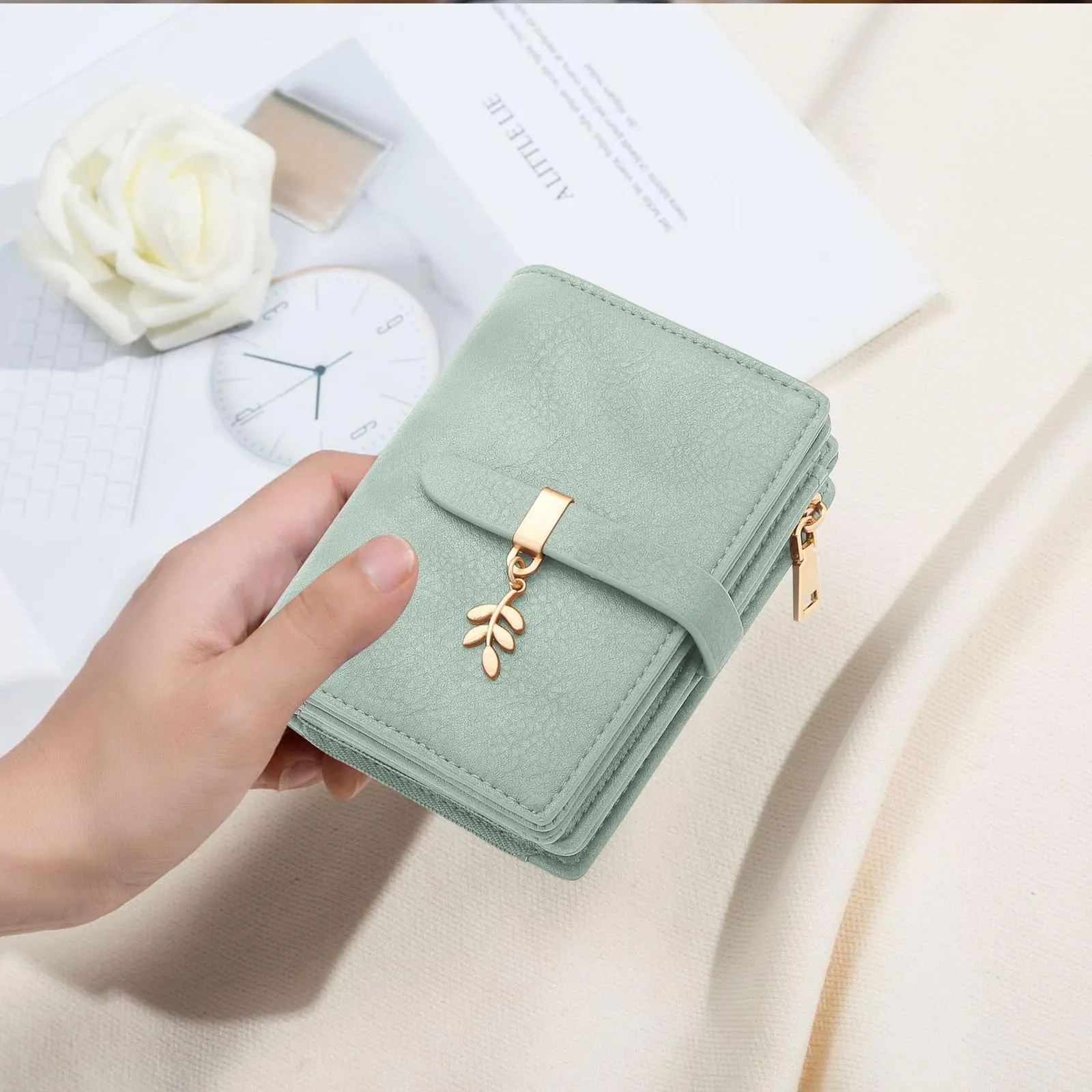 HNOOM Portafoglio Donna Piccolo in Pelle PU, Formato Corto con Protezione RFID, Portamonete con Cerniera e 19 Slot per Carte, Verde - immagine 6