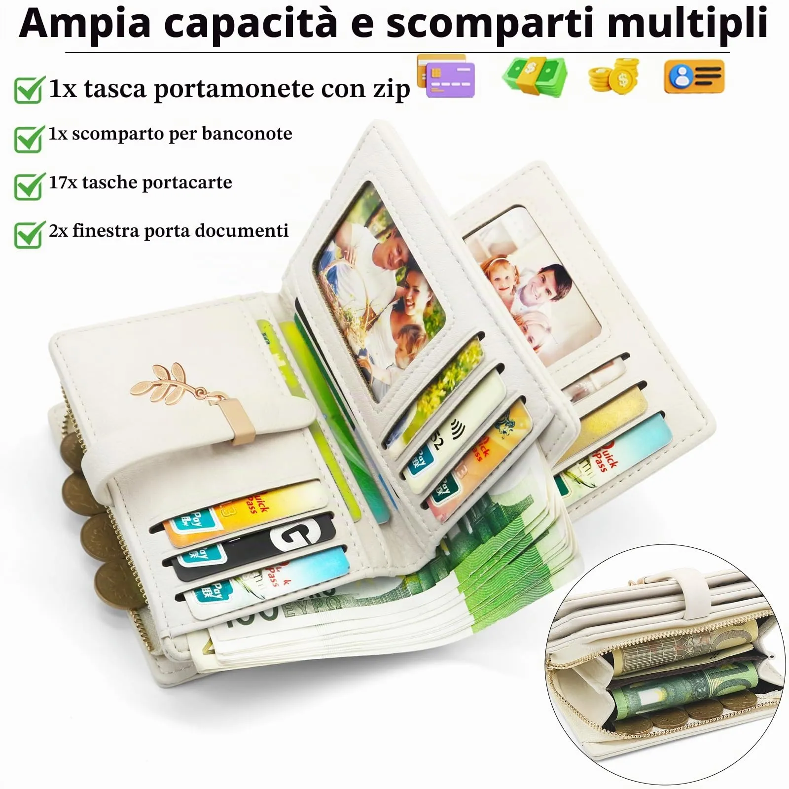 HNOOM Portafoglio Donna in Pelle PU Slim con Protezione RFID, Cerniera Portamonete e 19 Slot Carte, Beige - immagine 2