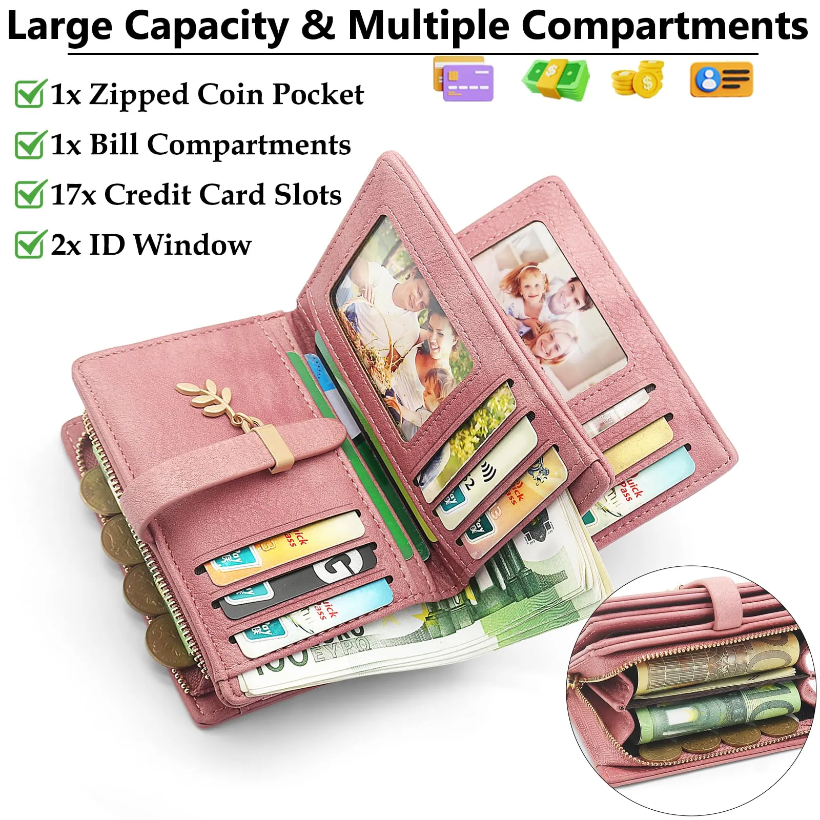 HNOOM Portafoglio Donna in Pelle PU Slim con Protezione RFID, Portamonete con Cerniera e 19 Porta Carte (Rosa) - immagine 2