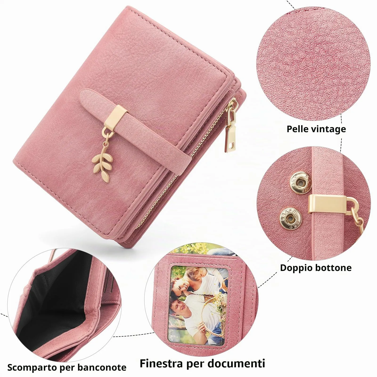 HNOOM Portafoglio Donna in Pelle PU Slim con Protezione RFID, Portamonete con Cerniera e 19 Porta Carte (Rosa) - immagine 4