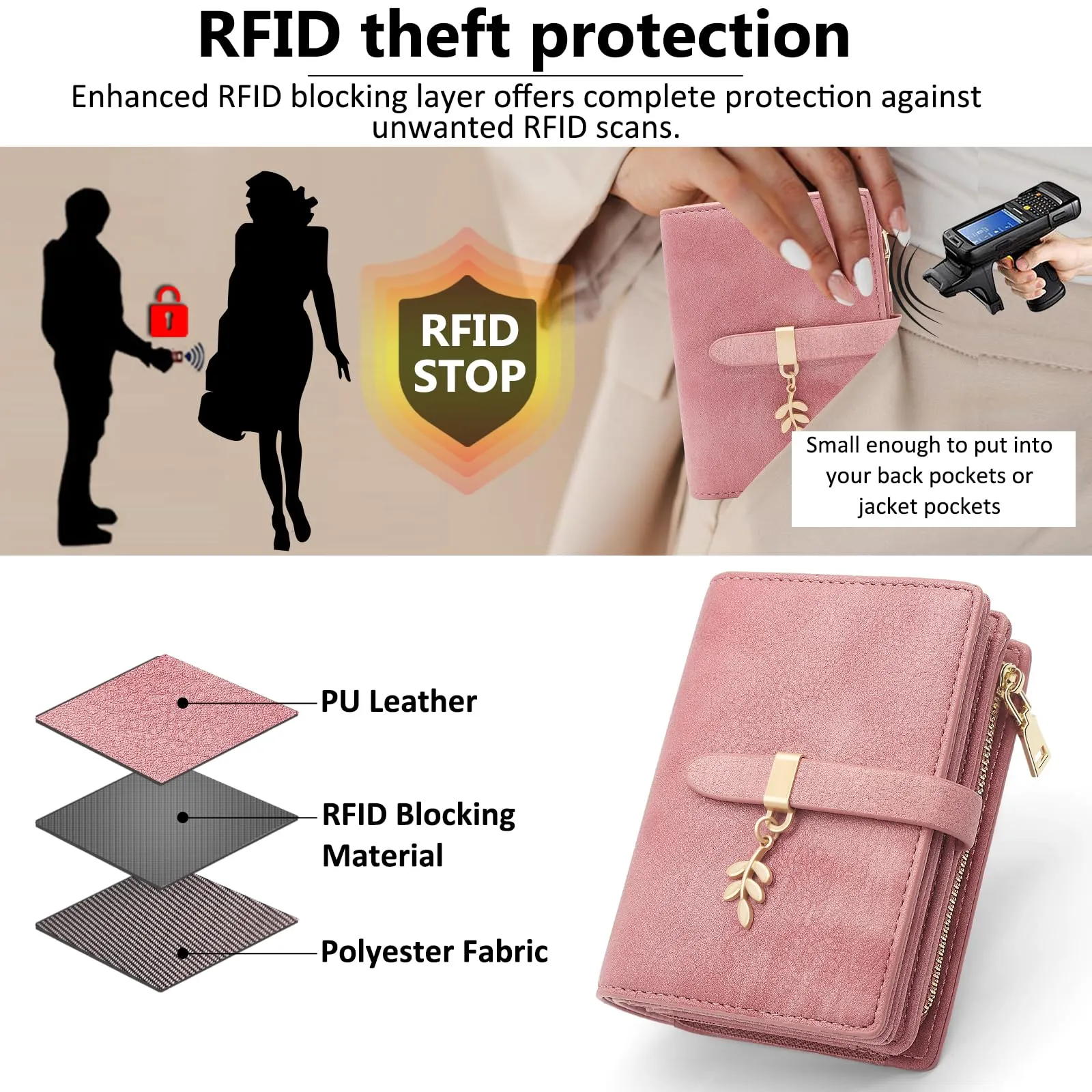 HNOOM Portafoglio Donna in Pelle PU Slim con Protezione RFID, Portamonete con Cerniera e 19 Porta Carte (Rosa) - immagine 5