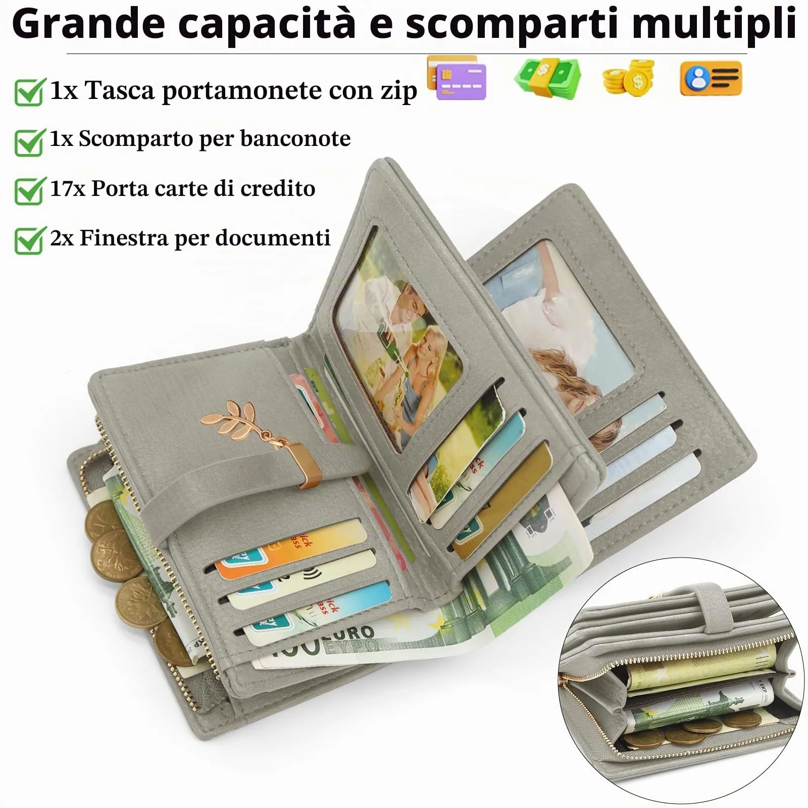 HNOOM Portafoglio Donna in Pelle PU Slim con Protezione RFID, Cerniera Portamonete e 19 Porta Carte (Grigio) - immagine 2