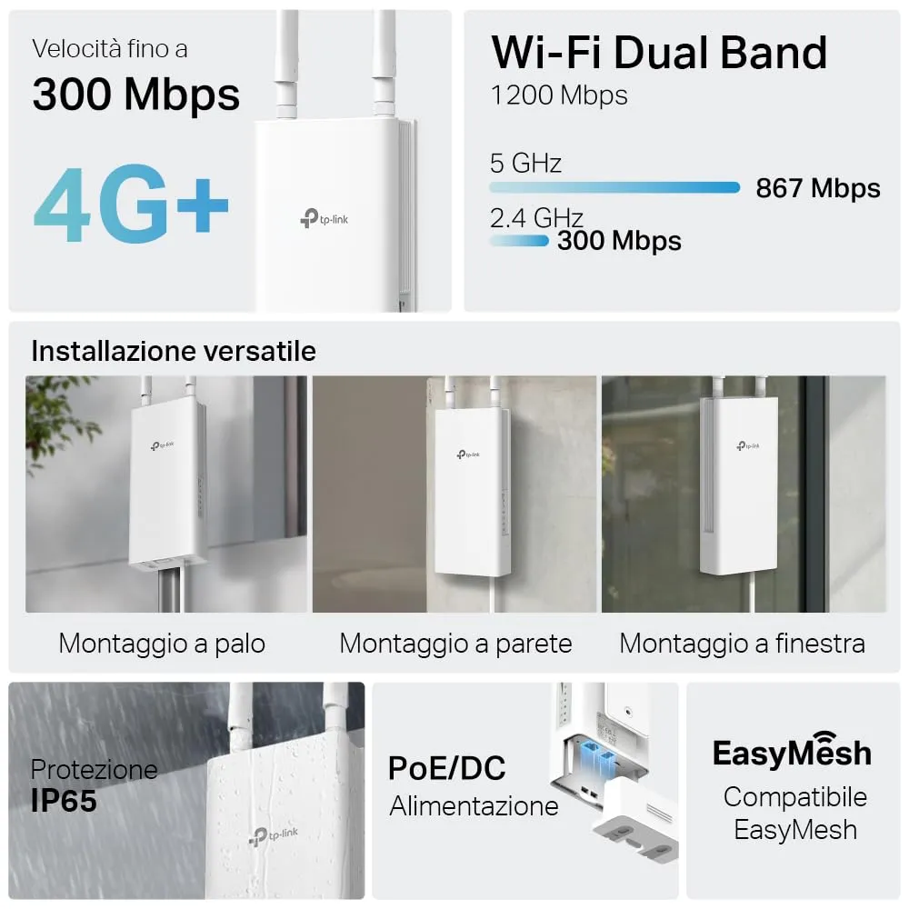 TP-Link Archer MR500-Outdoor 4G+ Router, WiFi AC1200 Dual Band, IP65 Waterproof, PoE/DC Support, OneMesh - immagine 2