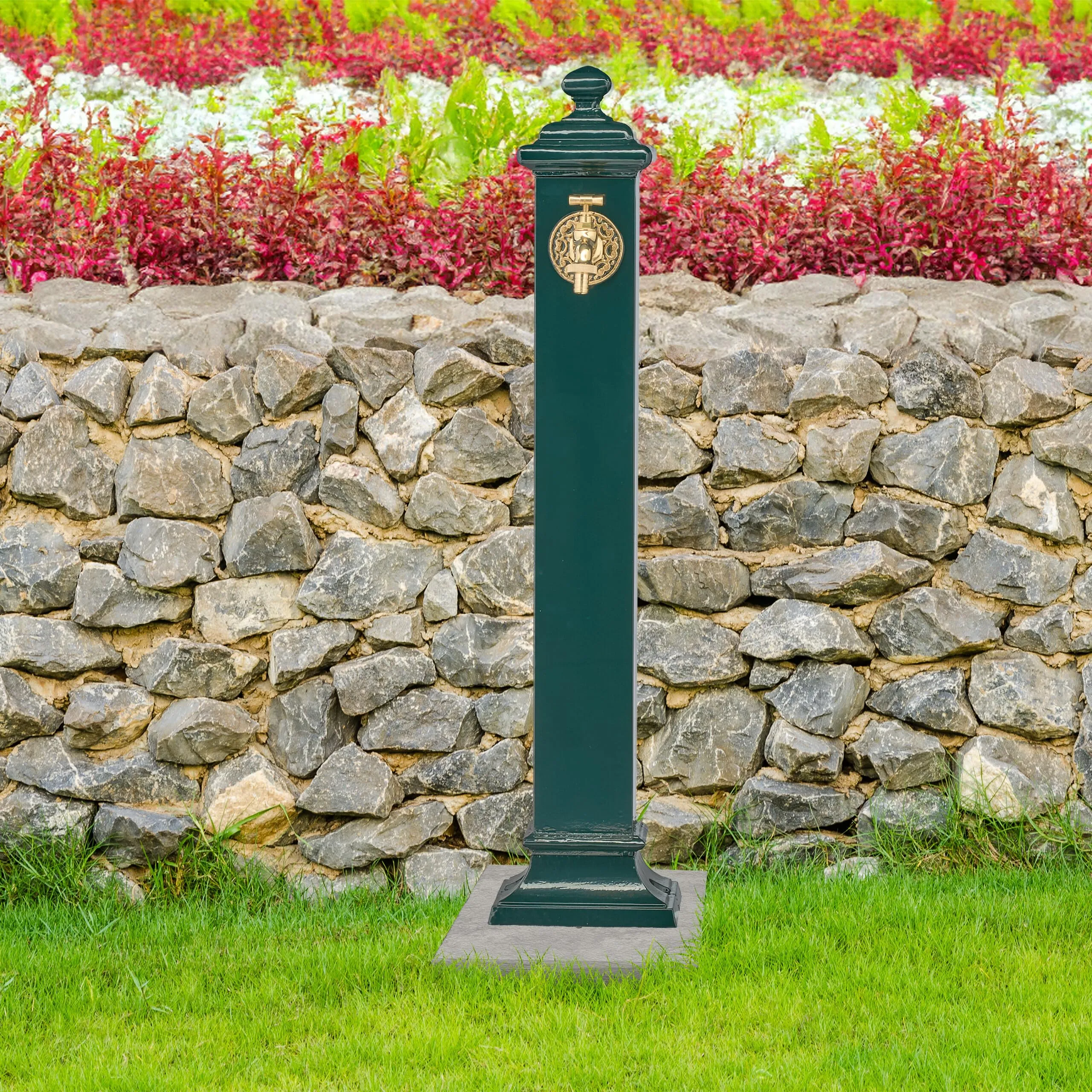 Relaxdays Fontana da Giardino in Stile Antico a Colonna con Rubinetto, 86x19x23 cm, Verde Scuro - immagine 2