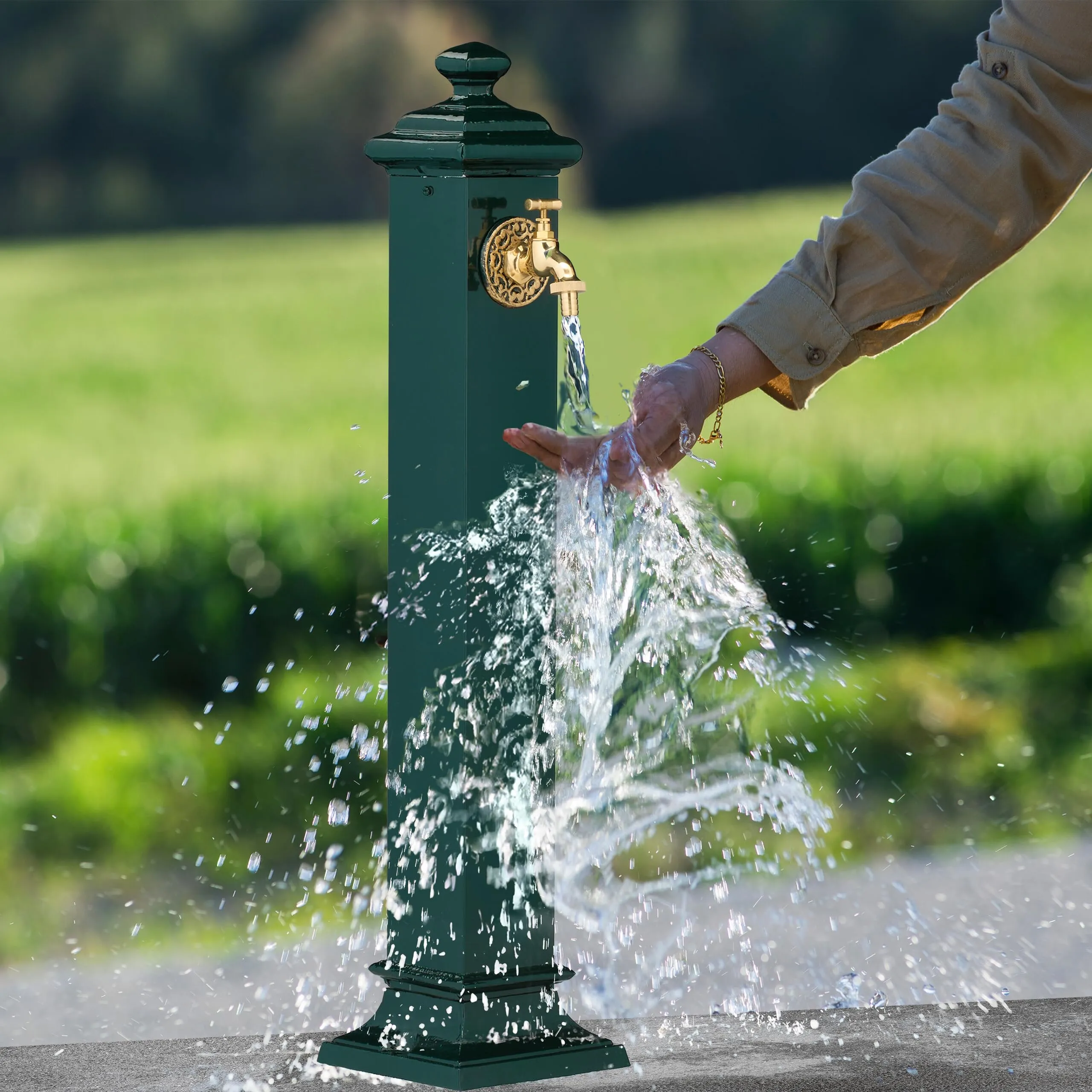 Relaxdays Fontana da Giardino in Stile Antico a Colonna con Rubinetto, 86x19x23 cm, Verde Scuro - immagine 3
