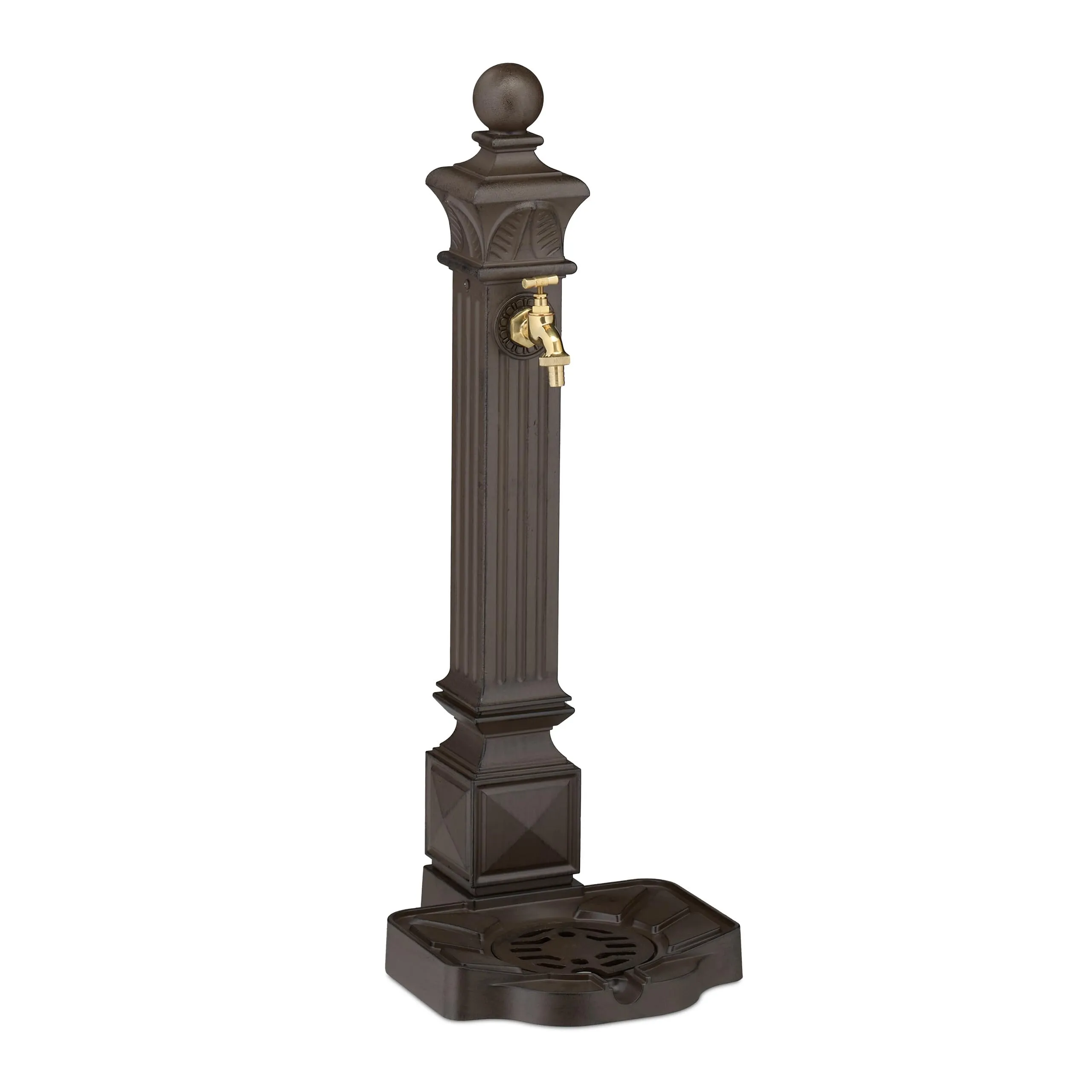 Relaxdays Fontana da Giardino in Stile Antico a Colonna con Rubinetto e Vaschetta, 82x29x33 cm, Marrone - immagine 1