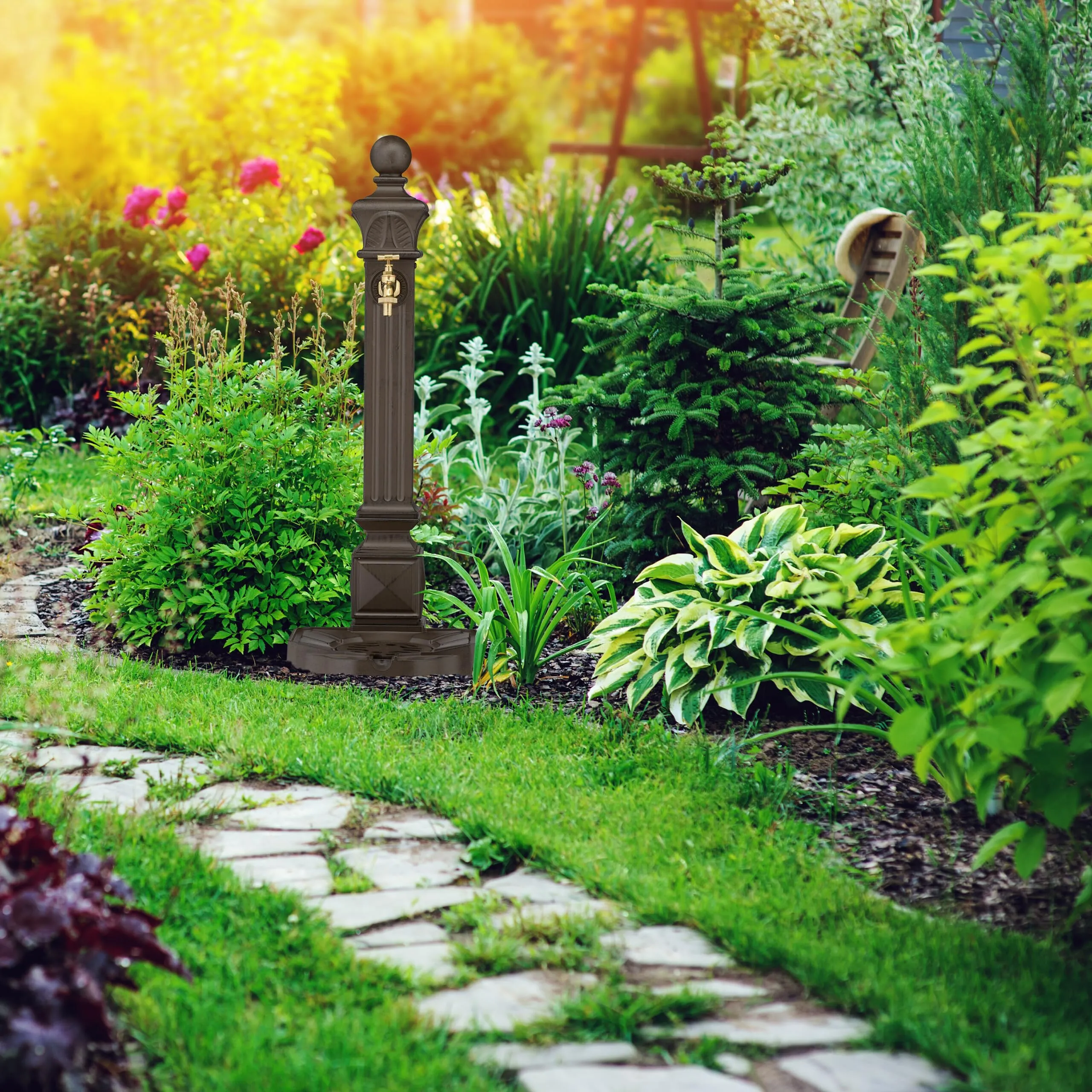 Relaxdays Fontana da Giardino in Stile Antico a Colonna con Rubinetto e Vaschetta, 82x29x33 cm, Marrone - immagine 2