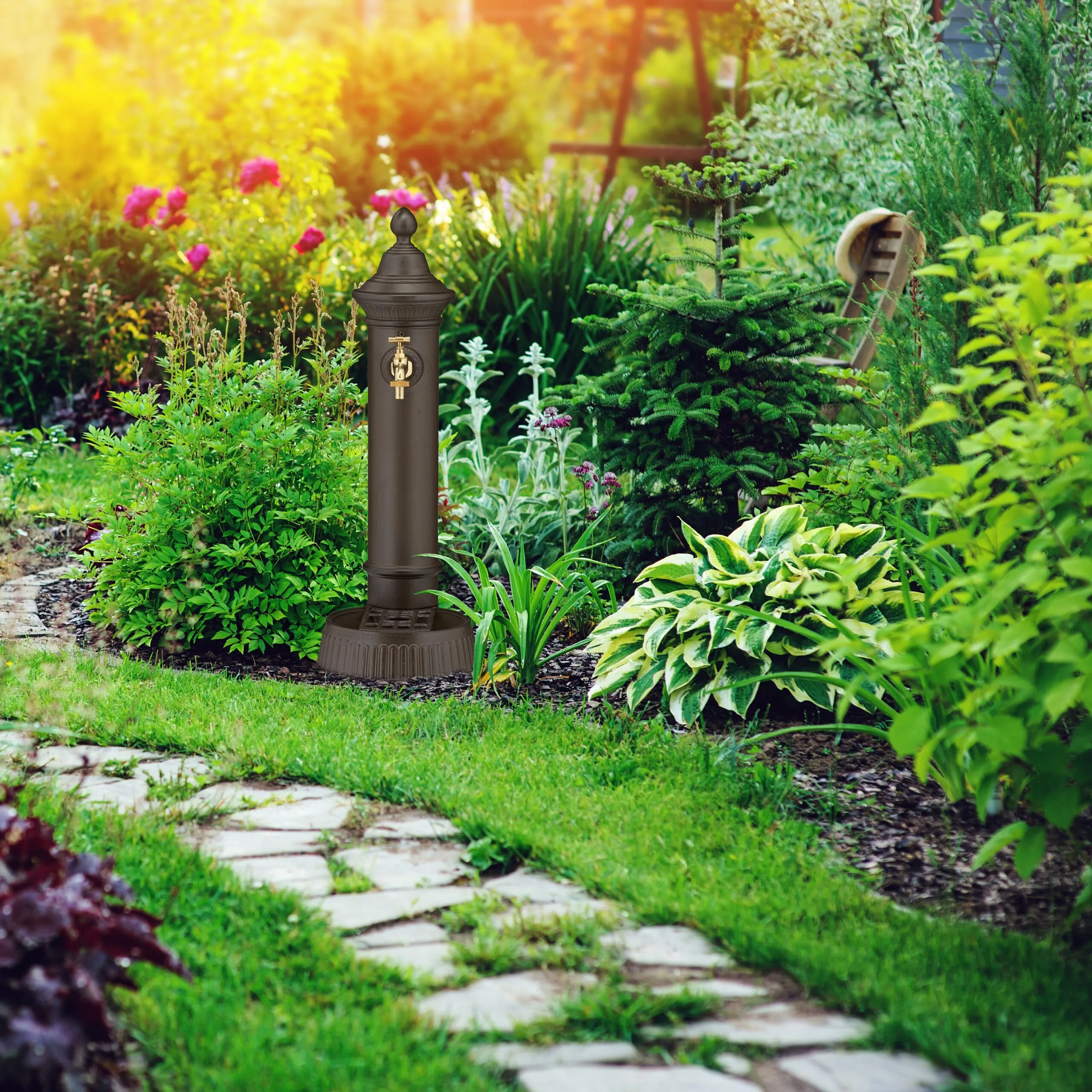 Relaxdays Fontana da Giardino in Stile Antico a Colonna con Rubinetto e Vaschetta, 72x26x31 cm, Marrone - immagine 2