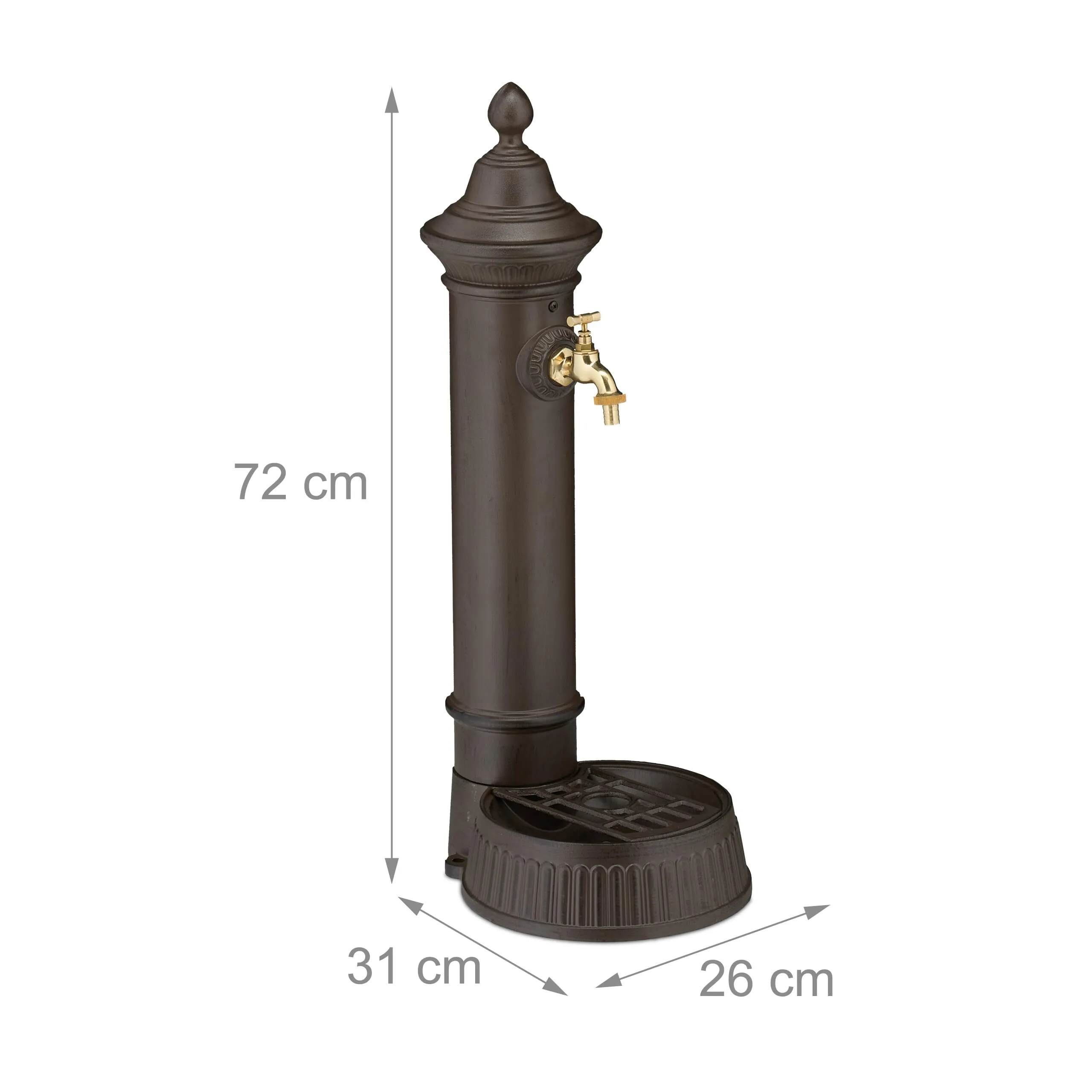 Relaxdays Fontana da Giardino in Stile Antico a Colonna con Rubinetto e Vaschetta, 72x26x31 cm, Marrone - immagine 4