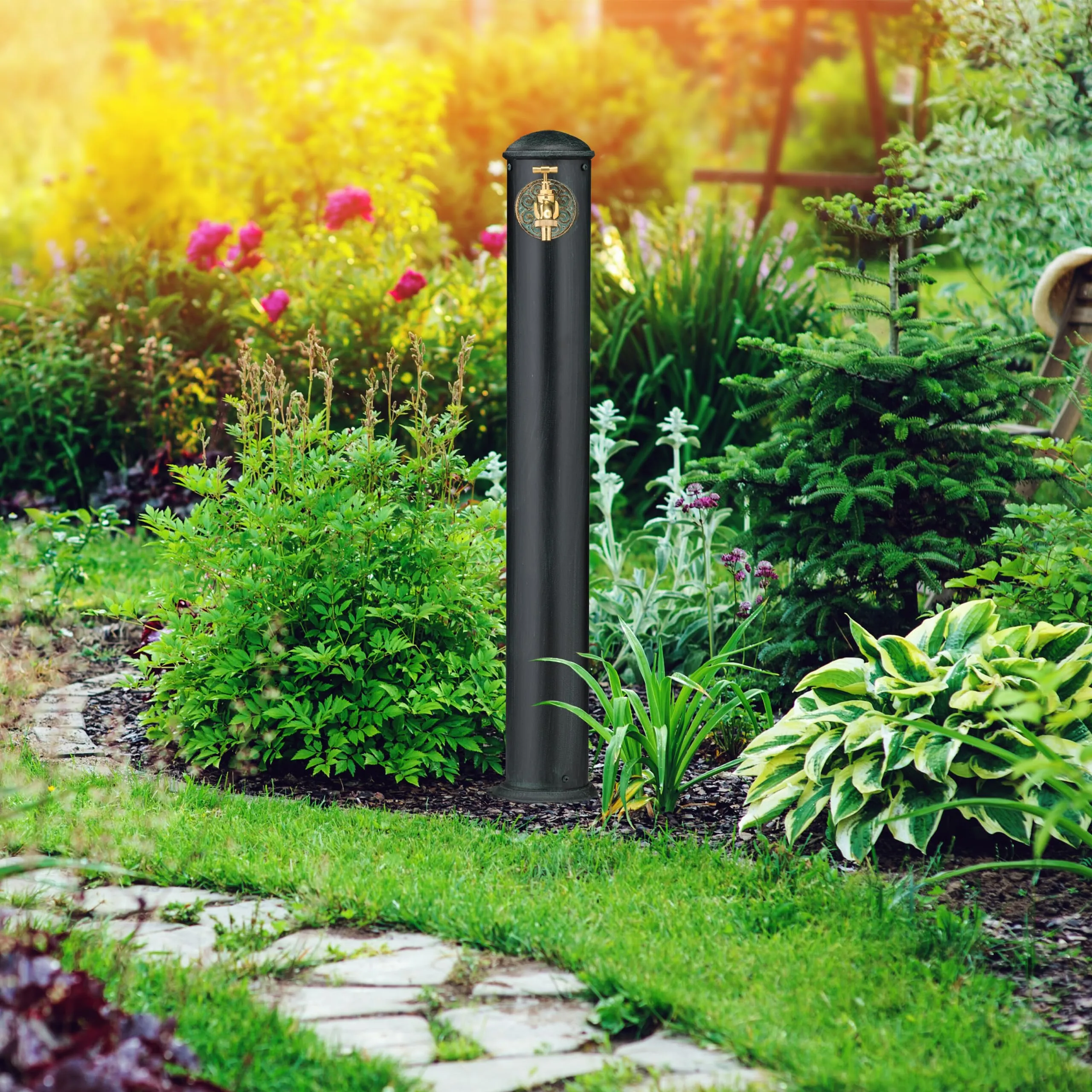 Relaxdays Fontana da Giardino in Stile Antico, Fontanella a Colonna con Rubinetto, 91x18x17,5 cm, Verde Scuro - immagine 2