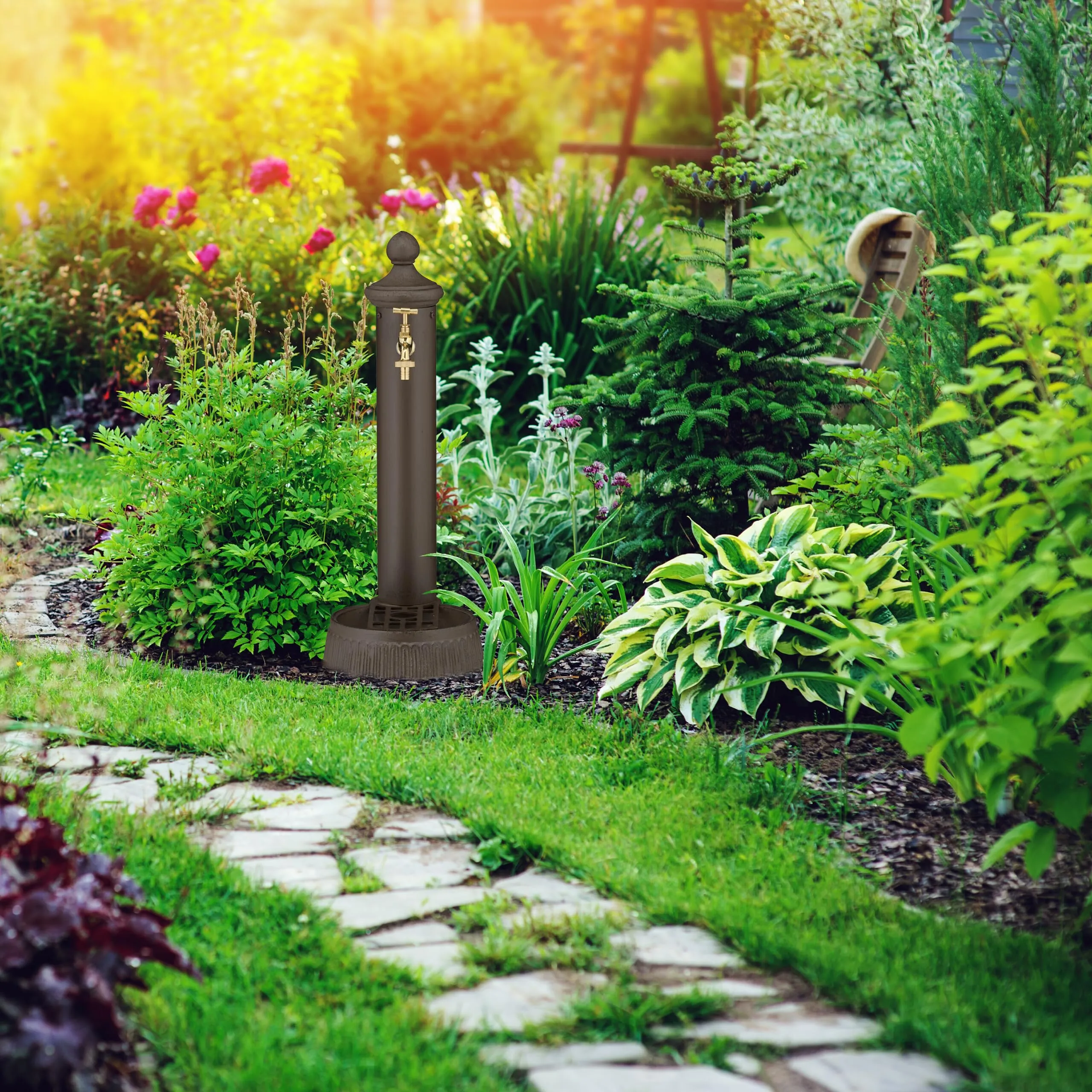 Relaxdays Fontana da Giardino in Stile Antico a Colonna con Rubinetto e Vaschetta, 65x25x30 cm, Marrone - immagine 2