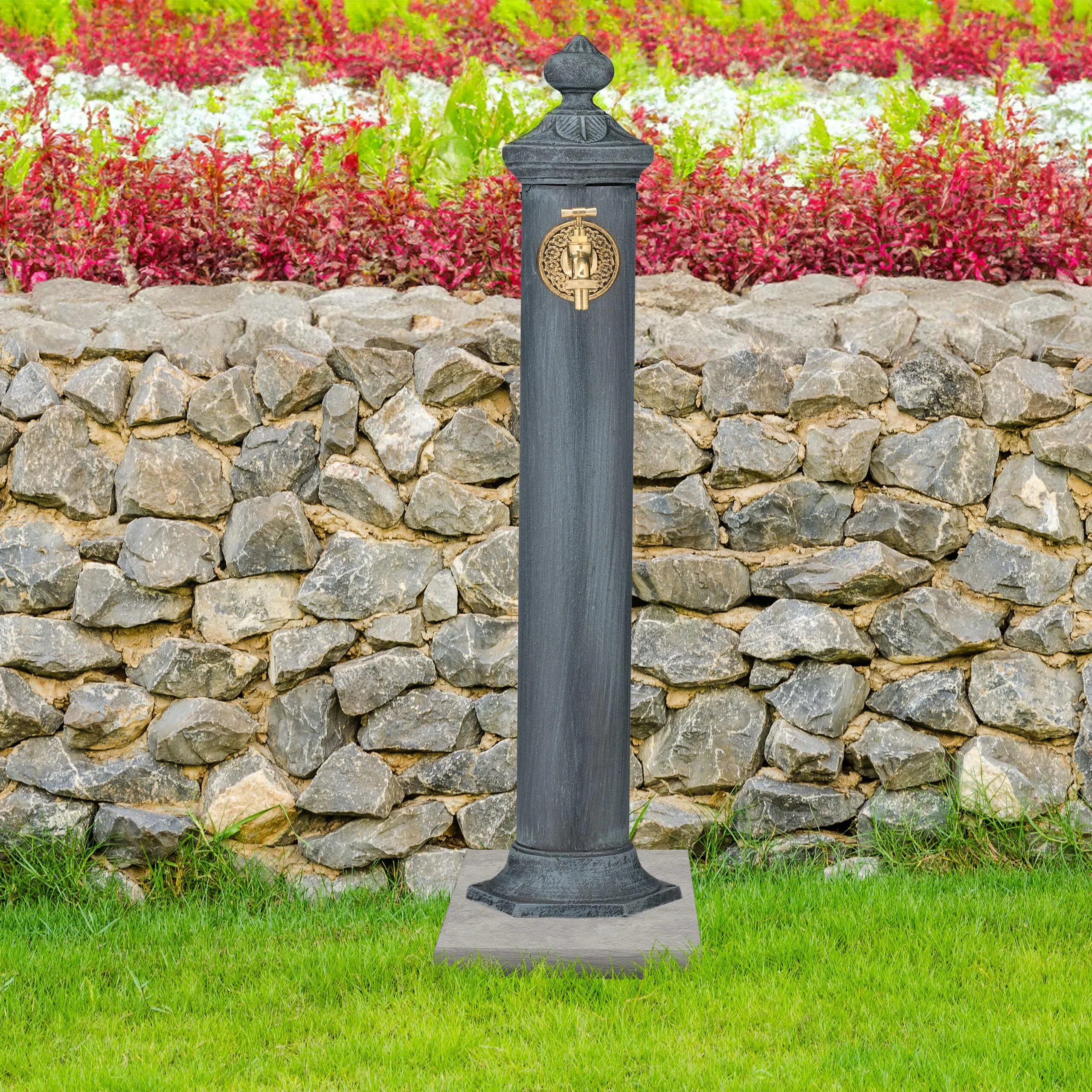 Relaxdays Fontana da Giardino in Stile Antico a Colonna con Rubinetto, Grigio, 84x21,5x25 cm - immagine 2