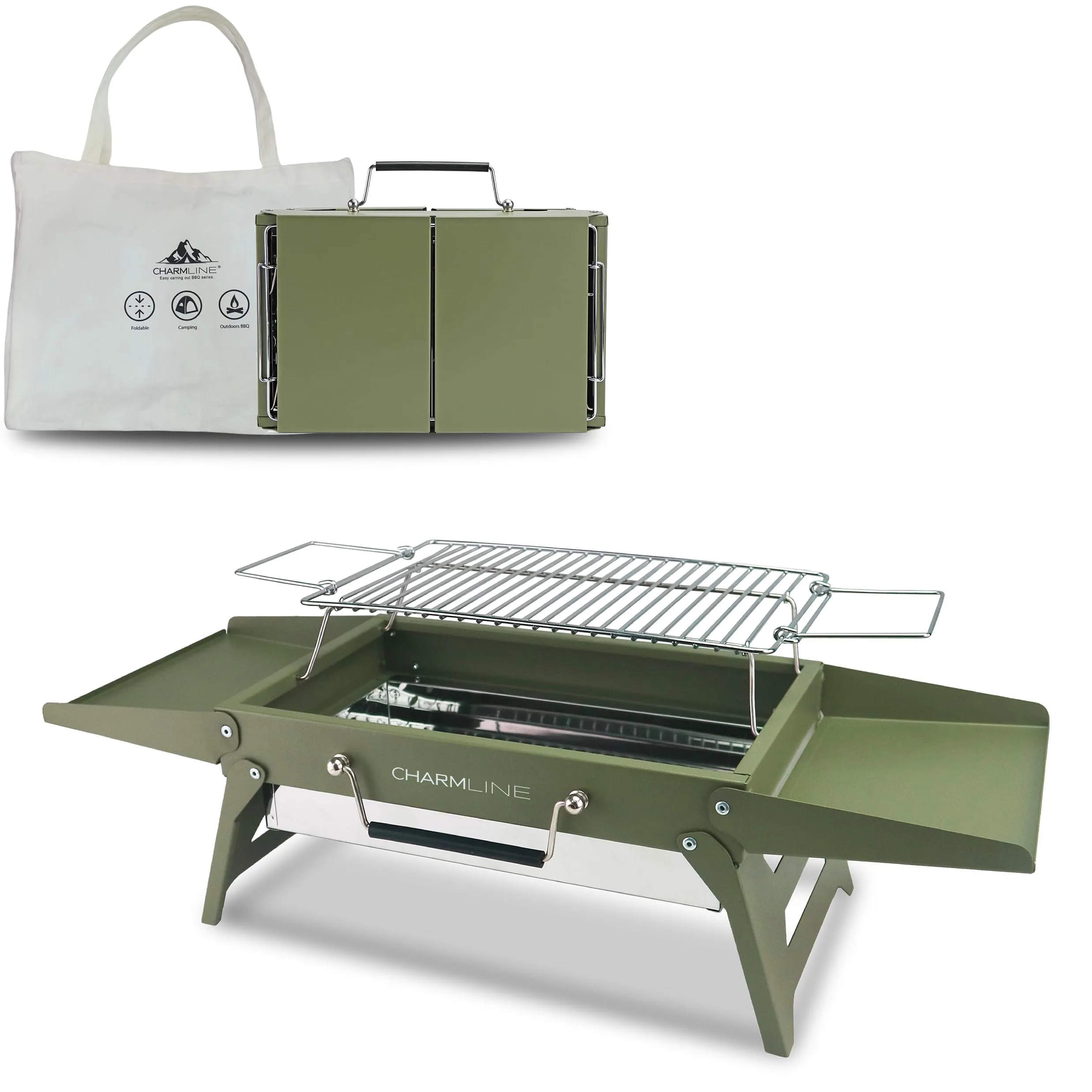 Charmline Griglia a Carbone Portatile Pieghevole 34 x 23 cm, Verde - immagine 1