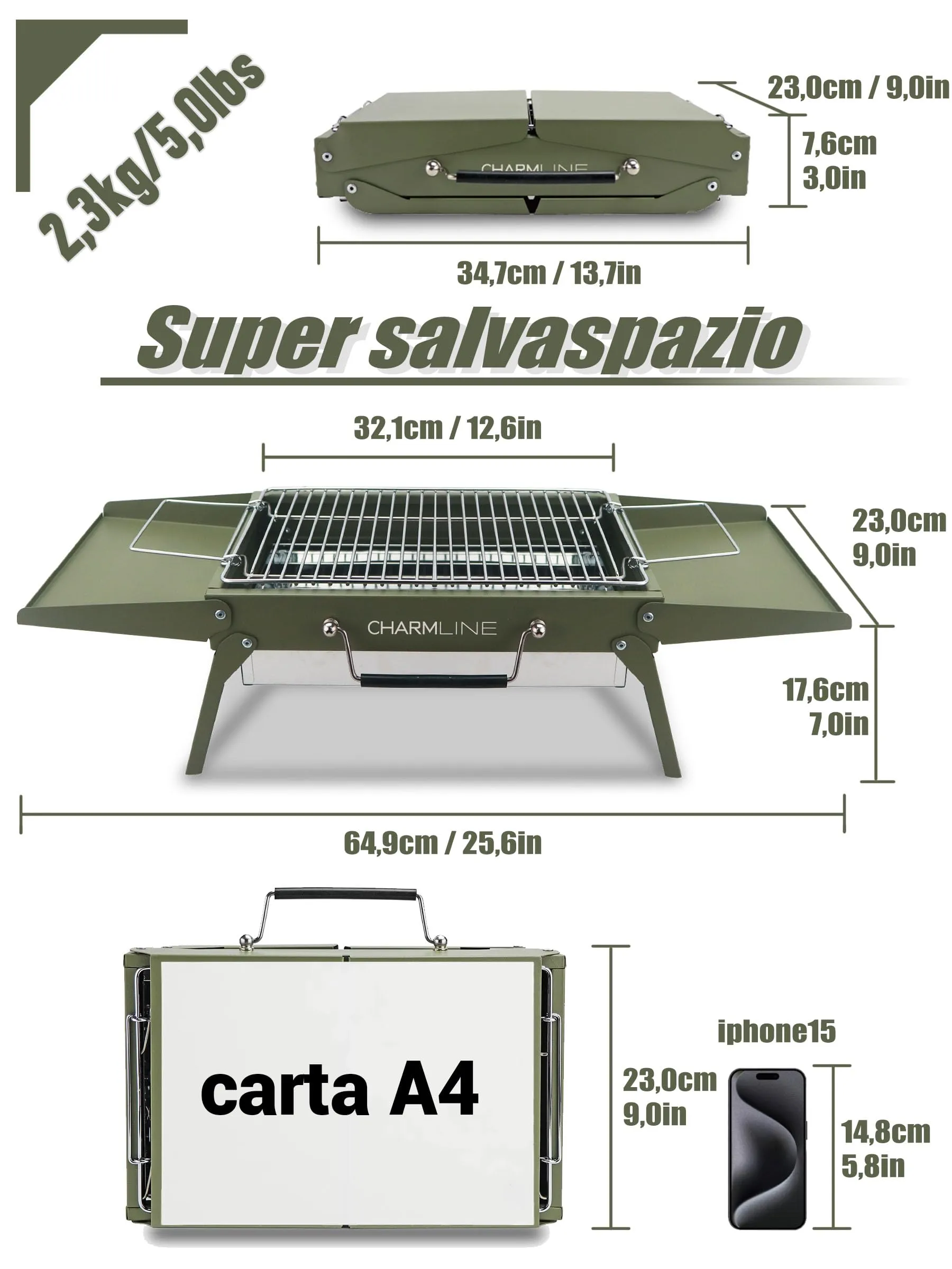 Charmline Griglia a Carbone Portatile Pieghevole 34 x 23 cm, Verde - immagine 4