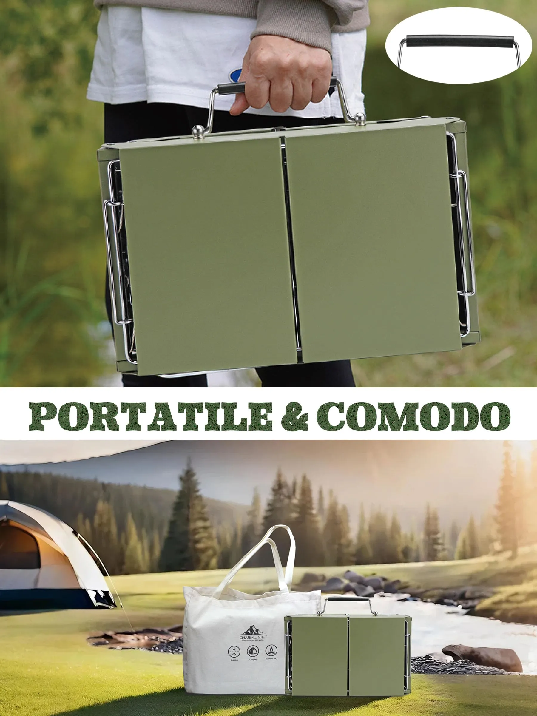 Charmline Griglia a Carbone Portatile Pieghevole 34 x 23 cm, Verde - immagine 6