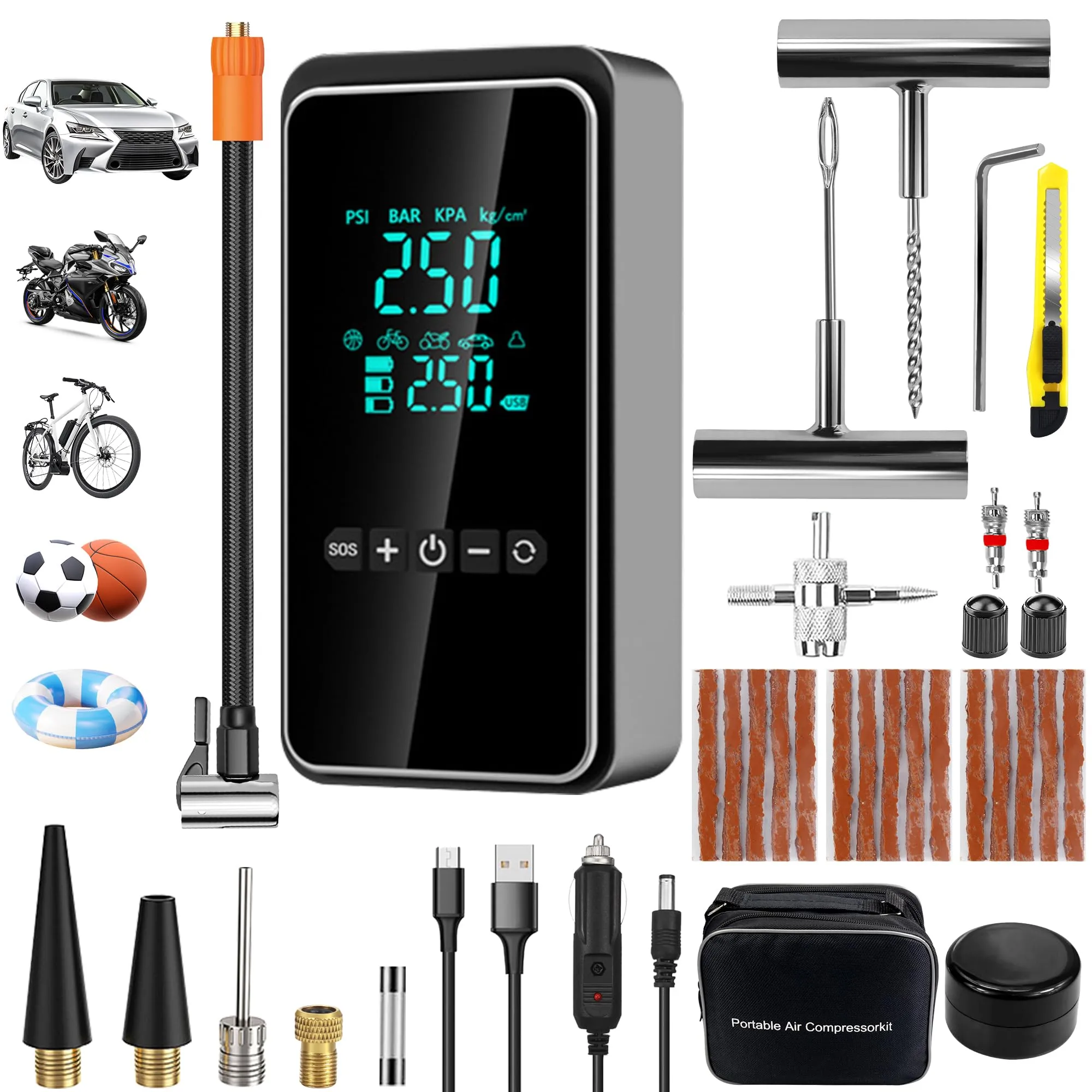 HYHJMISTY Mini Compressore Aria Portatile con Kit di Riparazione Pneumatici 25pcs, Gonfiatore Elettrico per Auto, Bici, Moto e Palle - immagine 1