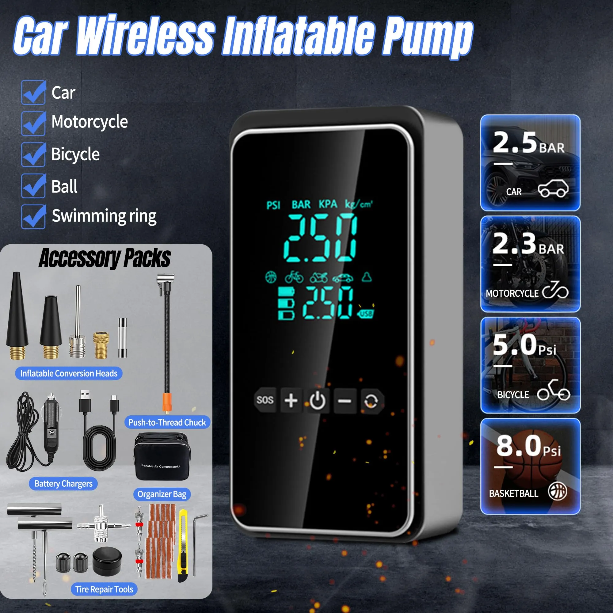 HYHJMISTY Mini Compressore Aria Portatile con Kit di Riparazione Pneumatici 25pcs, Gonfiatore Elettrico per Auto, Bici, Moto e Palle - immagine 2