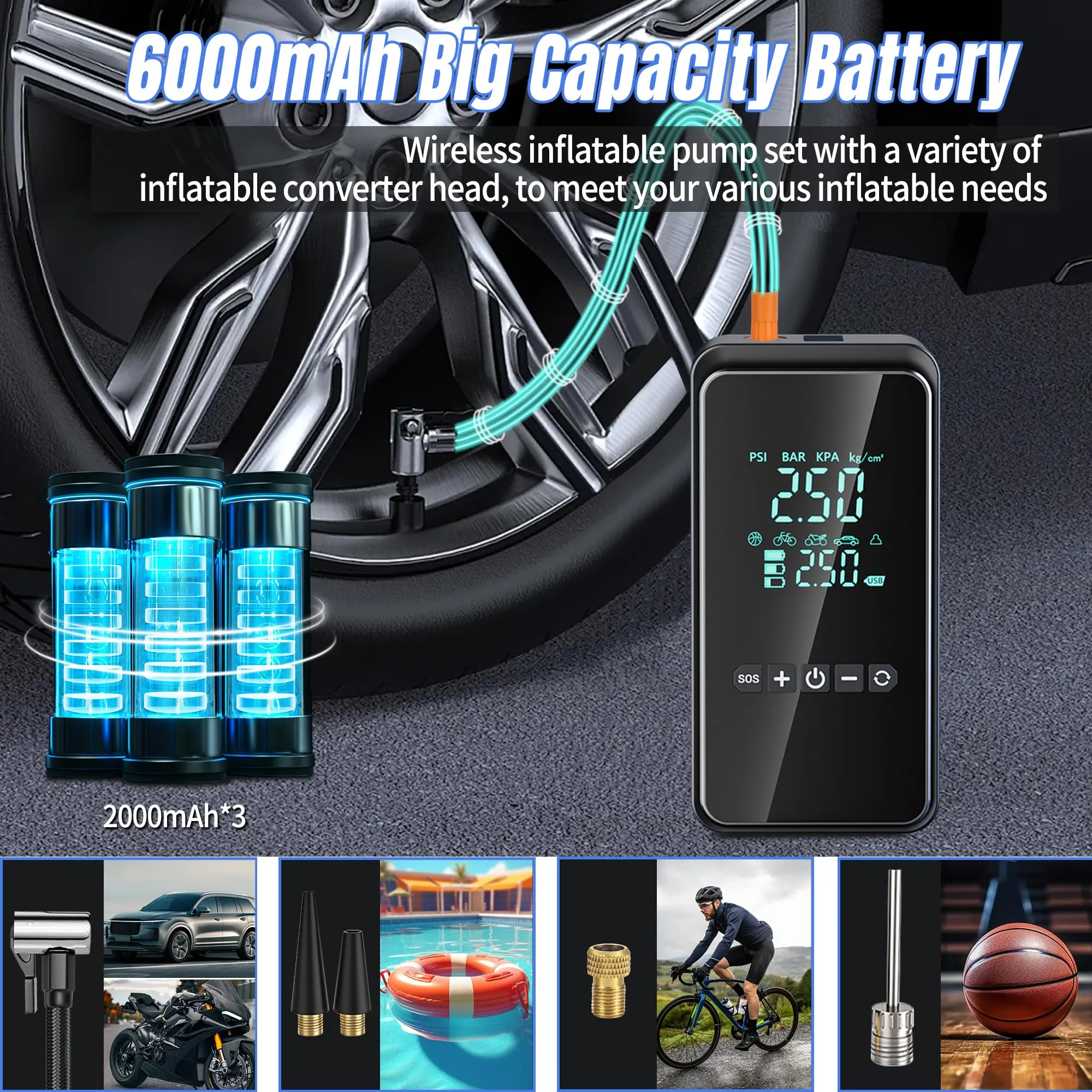 HYHJMISTY Mini Compressore Aria Portatile con Kit di Riparazione Pneumatici 25pcs, Gonfiatore Elettrico per Auto, Bici, Moto e Palle - immagine 6