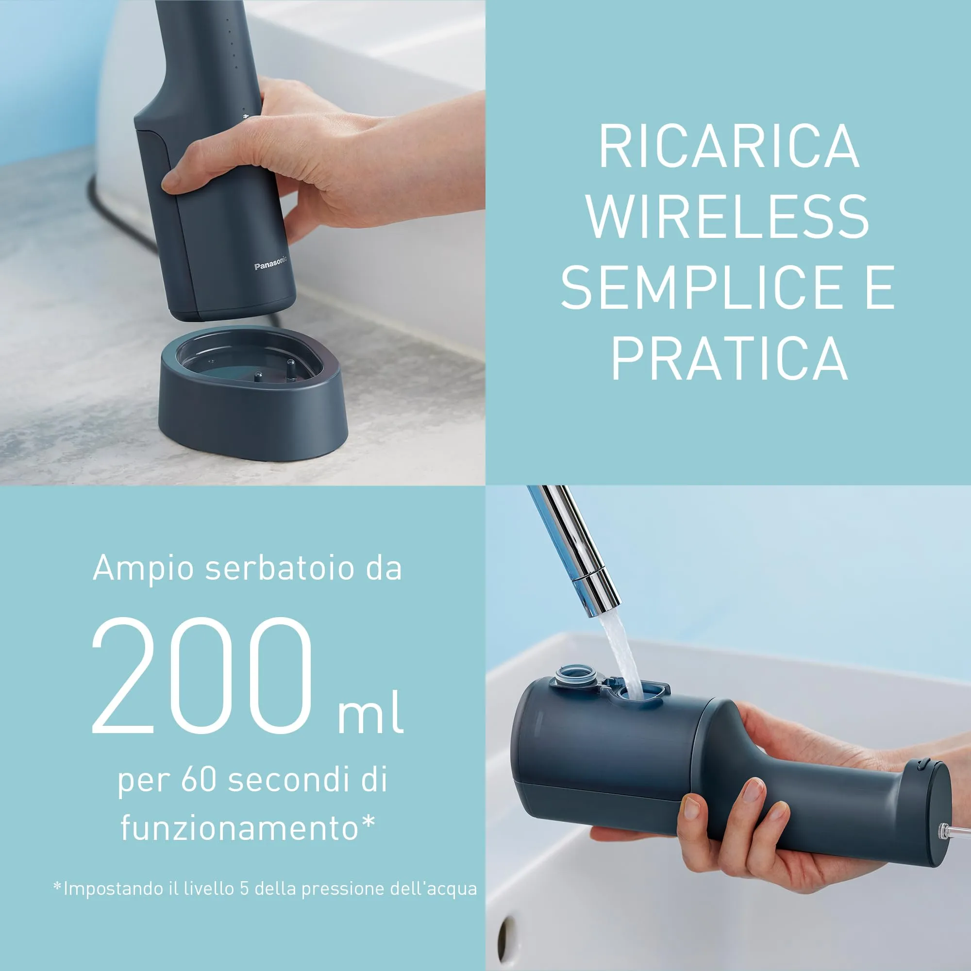 Panasonic Serie 600 Irrigatore Orale a Ultrasuoni EW-DJ66-A303, 200ml, IPX7, Blu Marino - immagine 9
