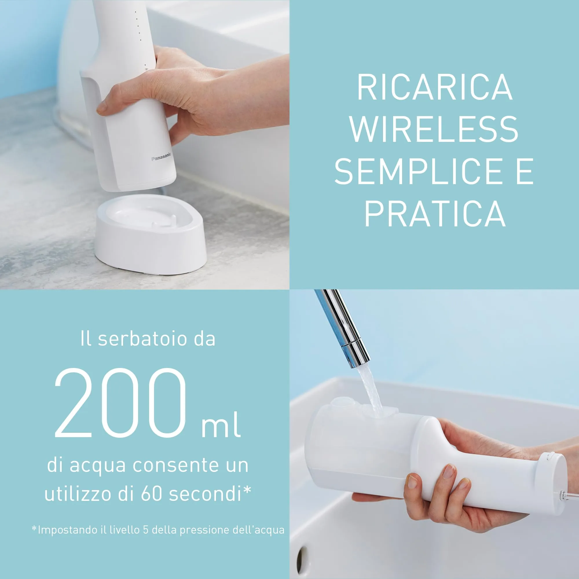 Panasonic Serie 600 Irrigatore Orale a Ultrasuoni EW-DJ67-W303, 200ml, IPX7, 5 Livelli di Pressione, con 4 Ugelli - immagine 9