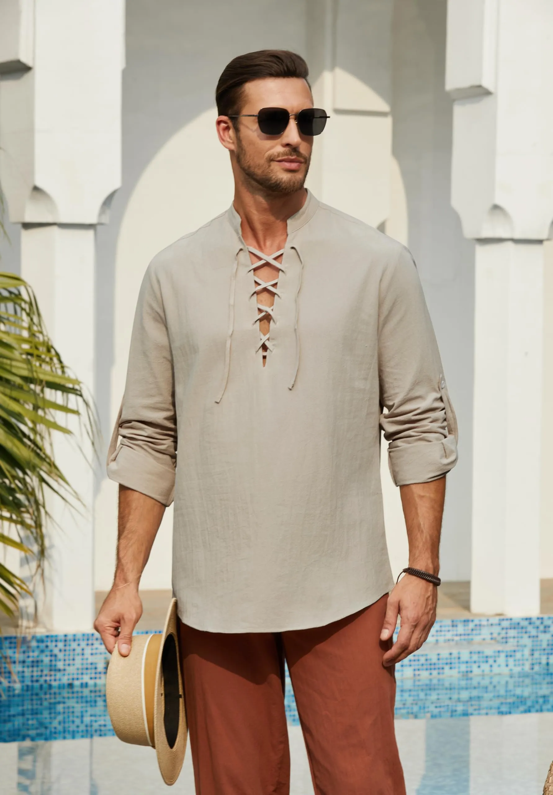 Enlision Camicia da Uomo in Cotone e Lino Medievale Vintage con Lacci, Manica Lunga, Cachi, S - immagine 3
