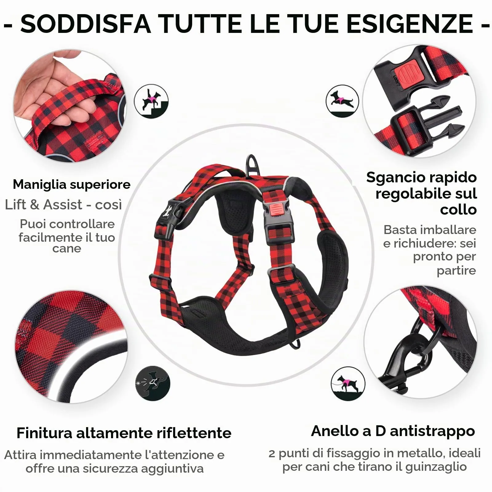 PoyPet Pettorina anti-trazione per cani con manico e parte anteriore riflettente, rosso a quadri, S - immagine 4