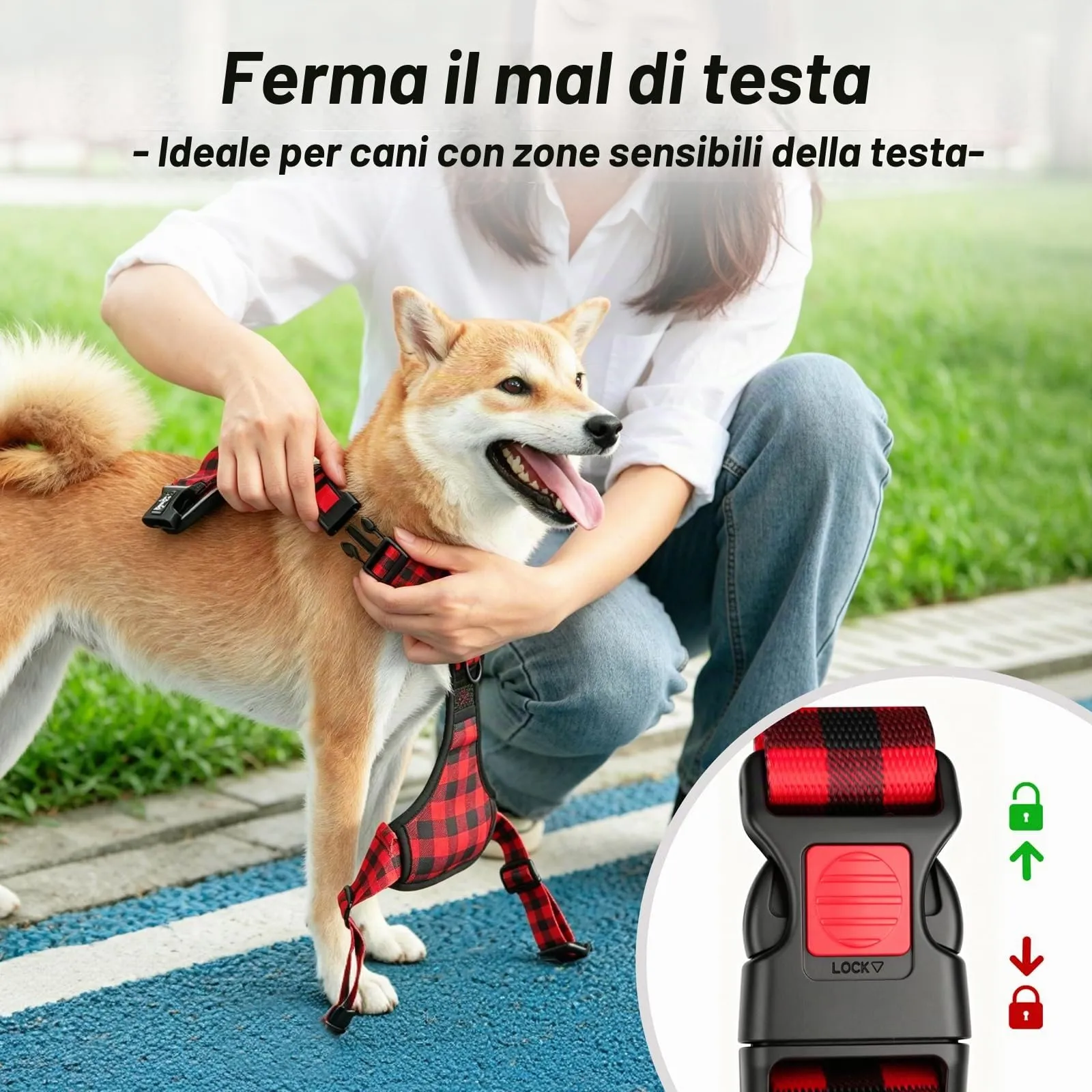 PoyPet Pettorina anti-trazione per cani con manico e parte anteriore riflettente, rosso a quadri, S - immagine 7