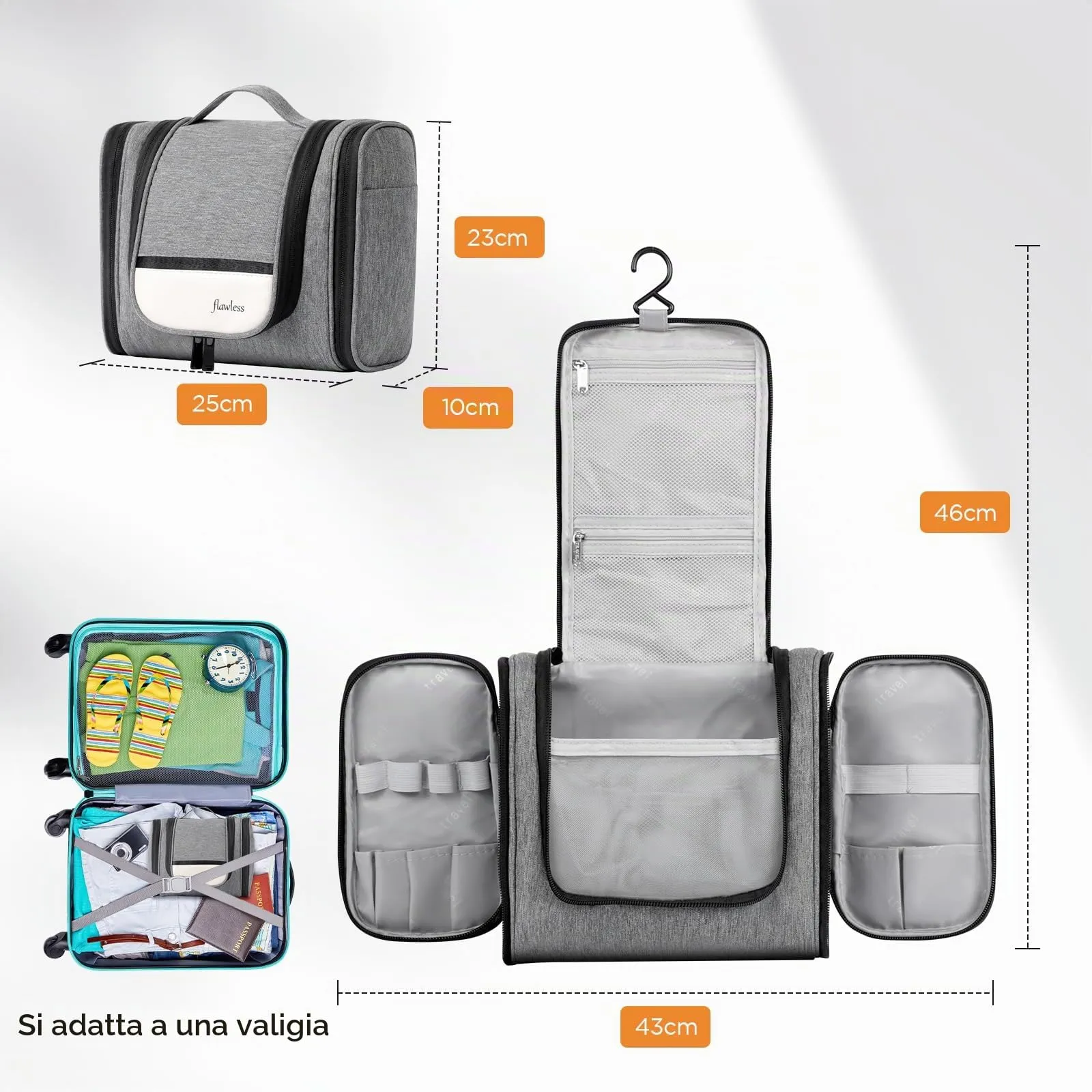 AiQInu Beauty Case da Viaggio Impermeabile con Gancio, 25 x 23 x 11 cm, Grigio-l - immagine 2