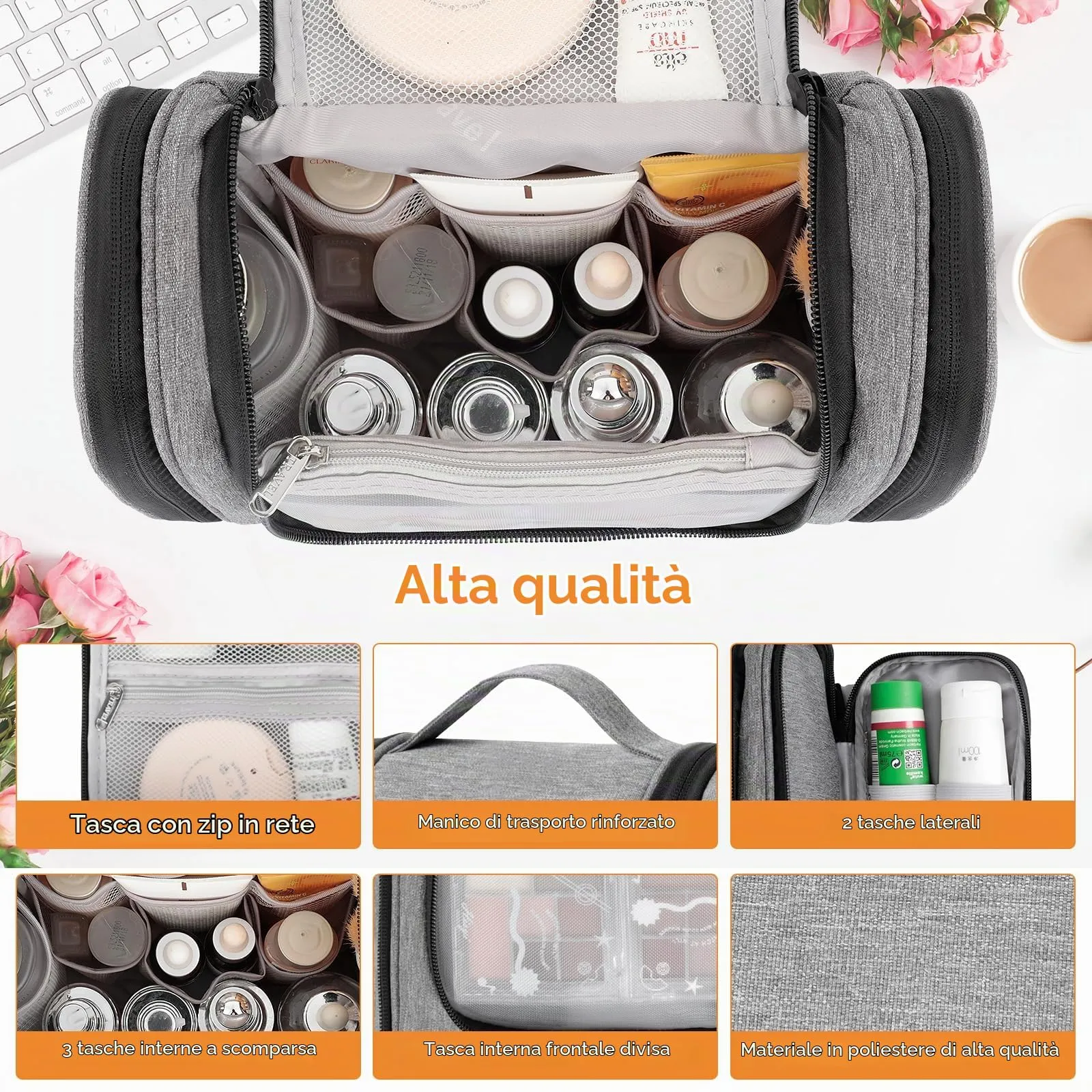 AiQInu Beauty Case da Viaggio Impermeabile con Gancio, 25 x 23 x 11 cm, Grigio-l - immagine 3