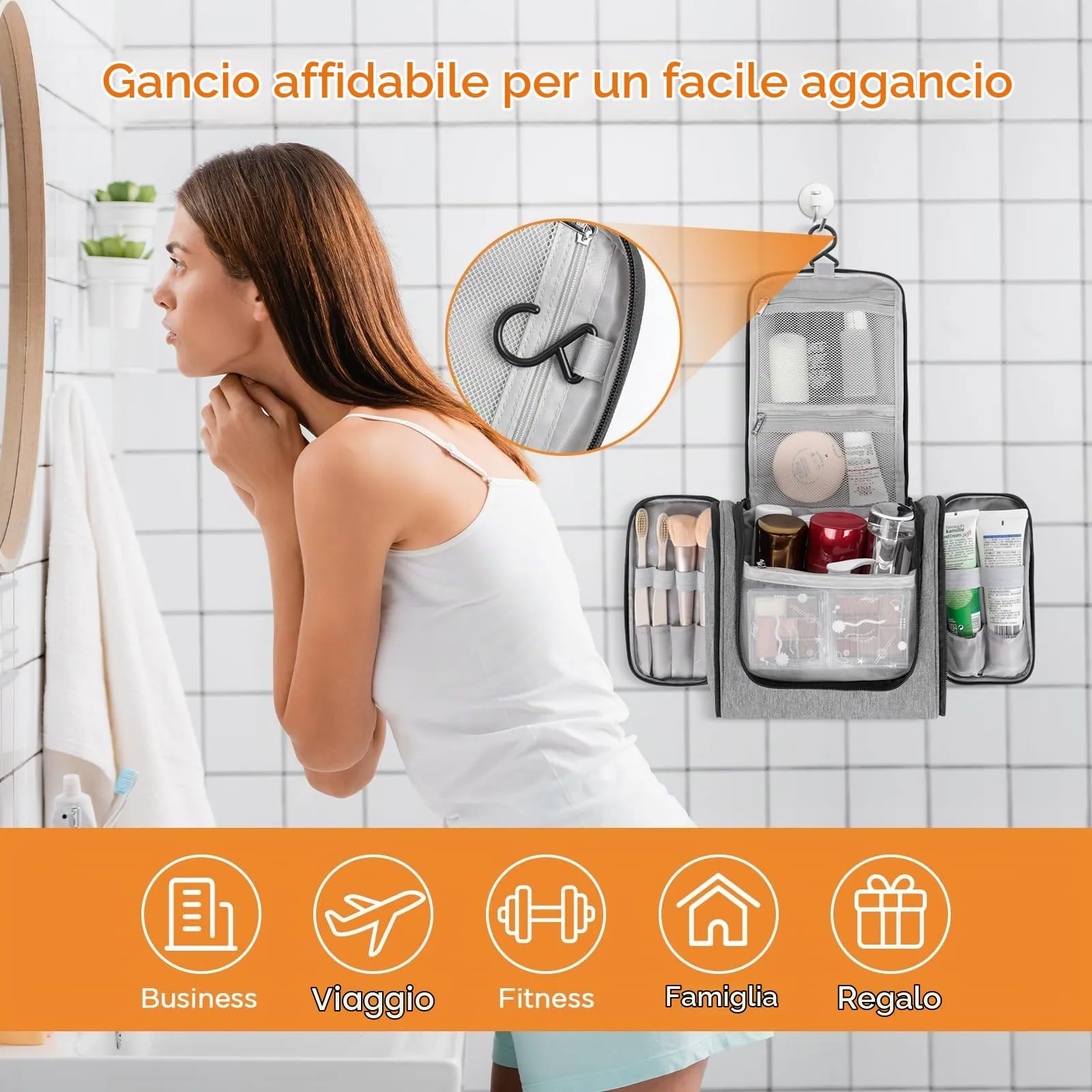 AiQInu Beauty Case da Viaggio Impermeabile con Gancio, 25 x 23 x 11 cm, Grigio-l - immagine 4