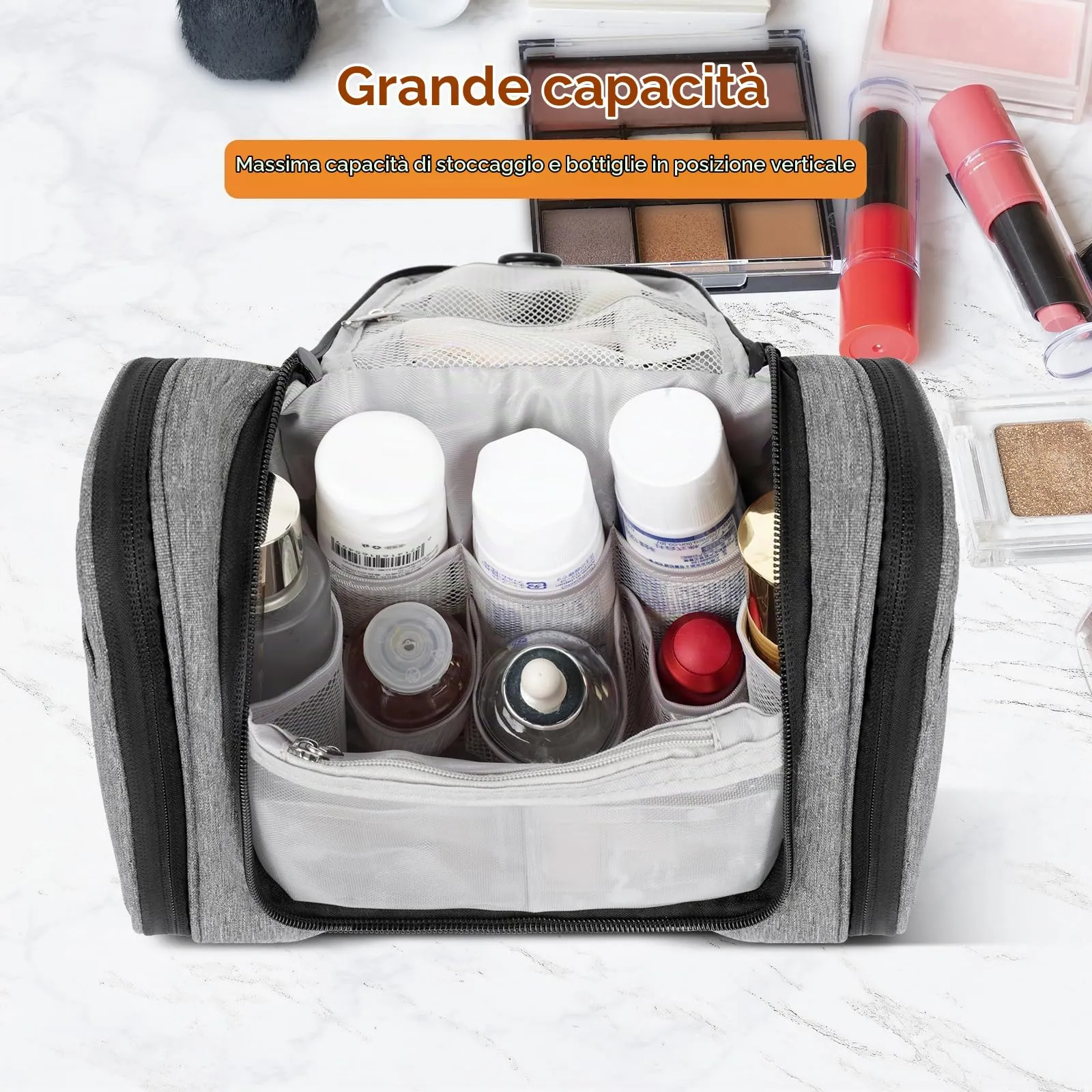 AiQInu Beauty Case da Viaggio Impermeabile con Gancio, 25 x 23 x 11 cm, Grigio-l - immagine 5